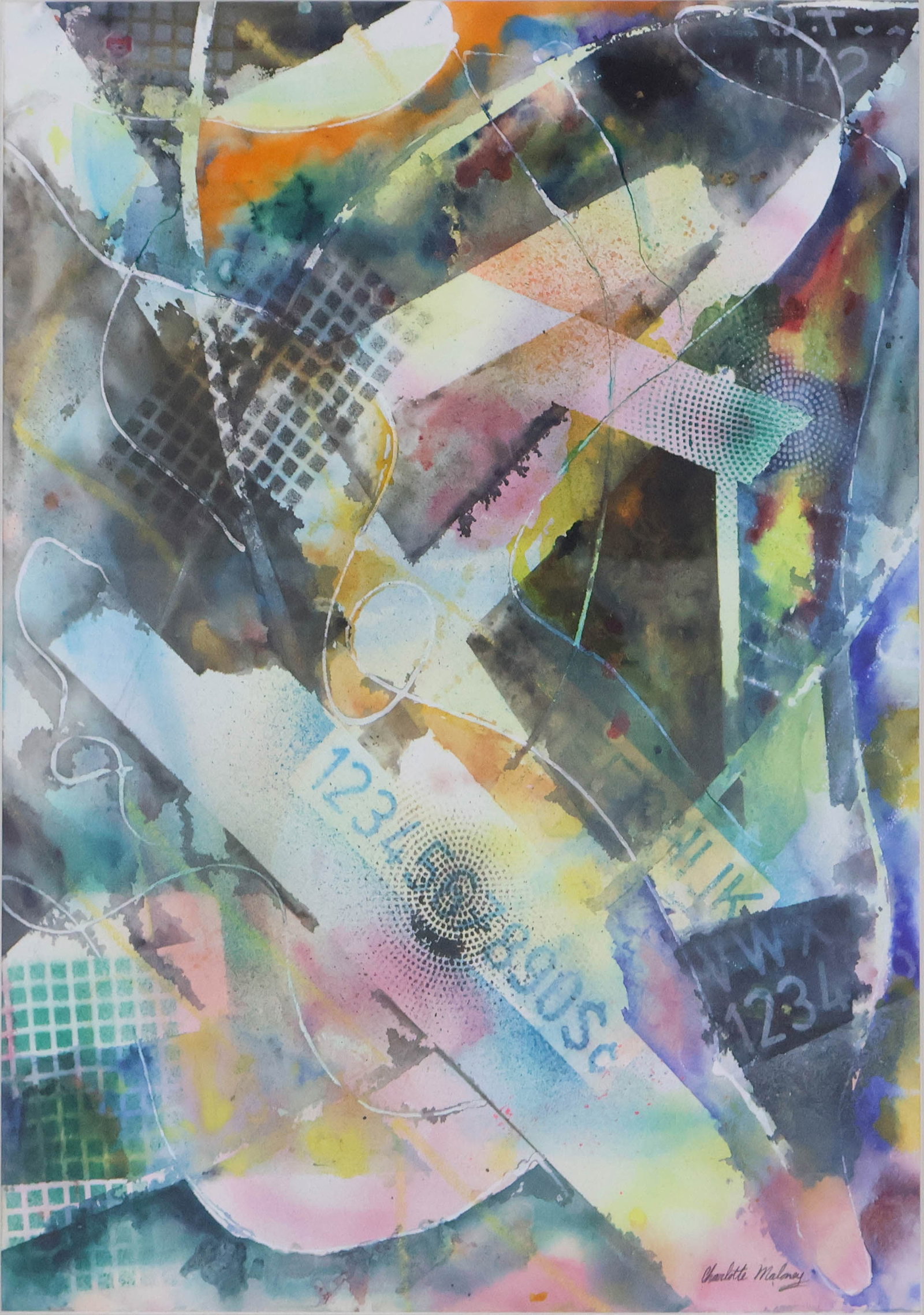 Charlotte Maloney, Abstract Collage, Watercolor and Mixed Media: Charlotte Maloney Abstract Collage Watercolor and Mixed Media Signed l.r. Sight: 29 1/4 x 21 1/4 in. (74.3 x 54 cm.), Frame: 39 1/4 x 31 1/4 in. (99.7 x 79.4 cm.)