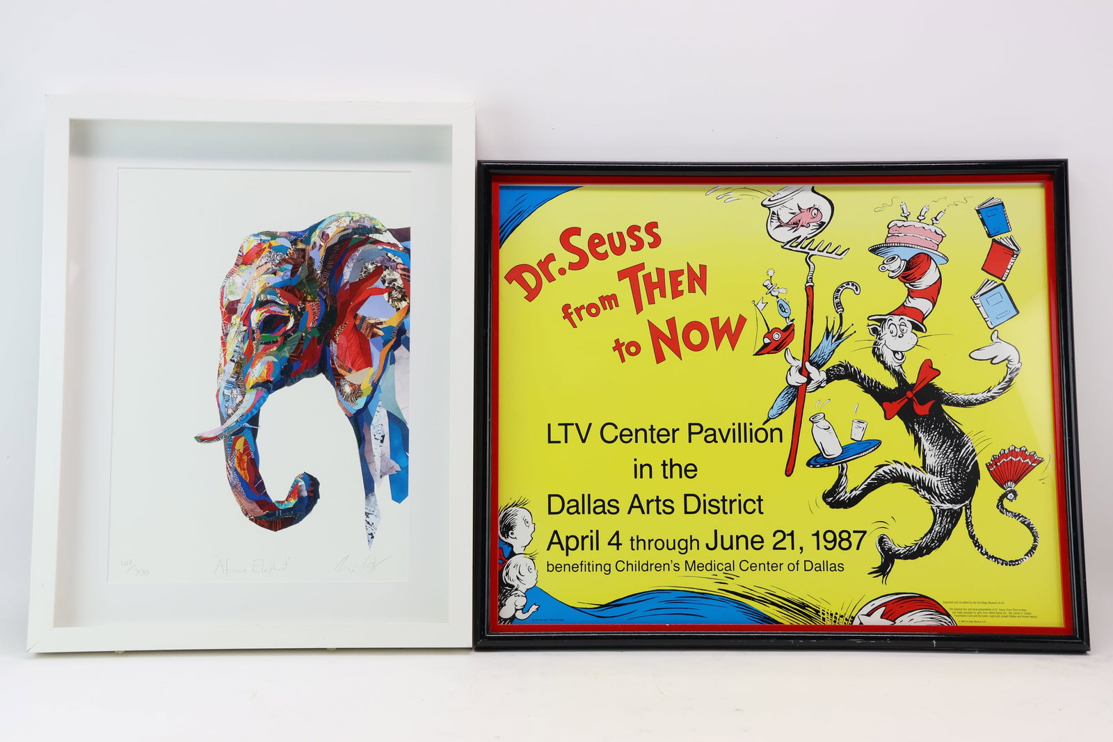 Dr Seuss "From Then to Now" 1987 Exhibition Poster: Dr Seuss "From Then to Now" 1987 Exhibition Poster Dr. Seuss From Then to Now Exhibition Poster, from the Dallas exhibition in 1987, framed in a black gloss frame with red interior trim detail, togeth