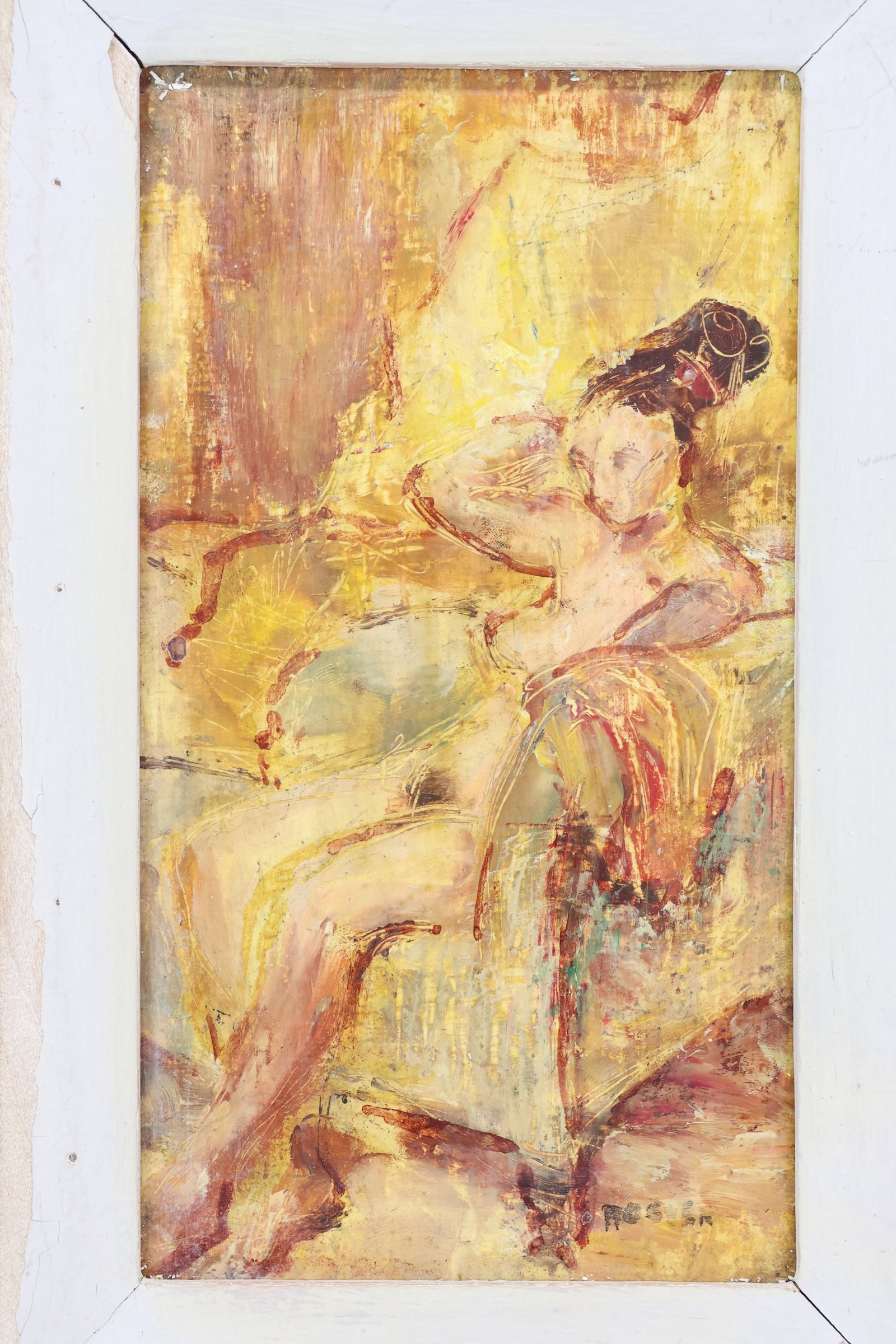 Oil on Board of Seated Nude Woman: Oil on Board of Seated Nude Woman Oil on Board of Seated Nude Woman. Possibly signed lower right Roslyn. Used condition, wear, worn, surface distress, frame losses. Framed size 16" x 12" x 1 1/2"