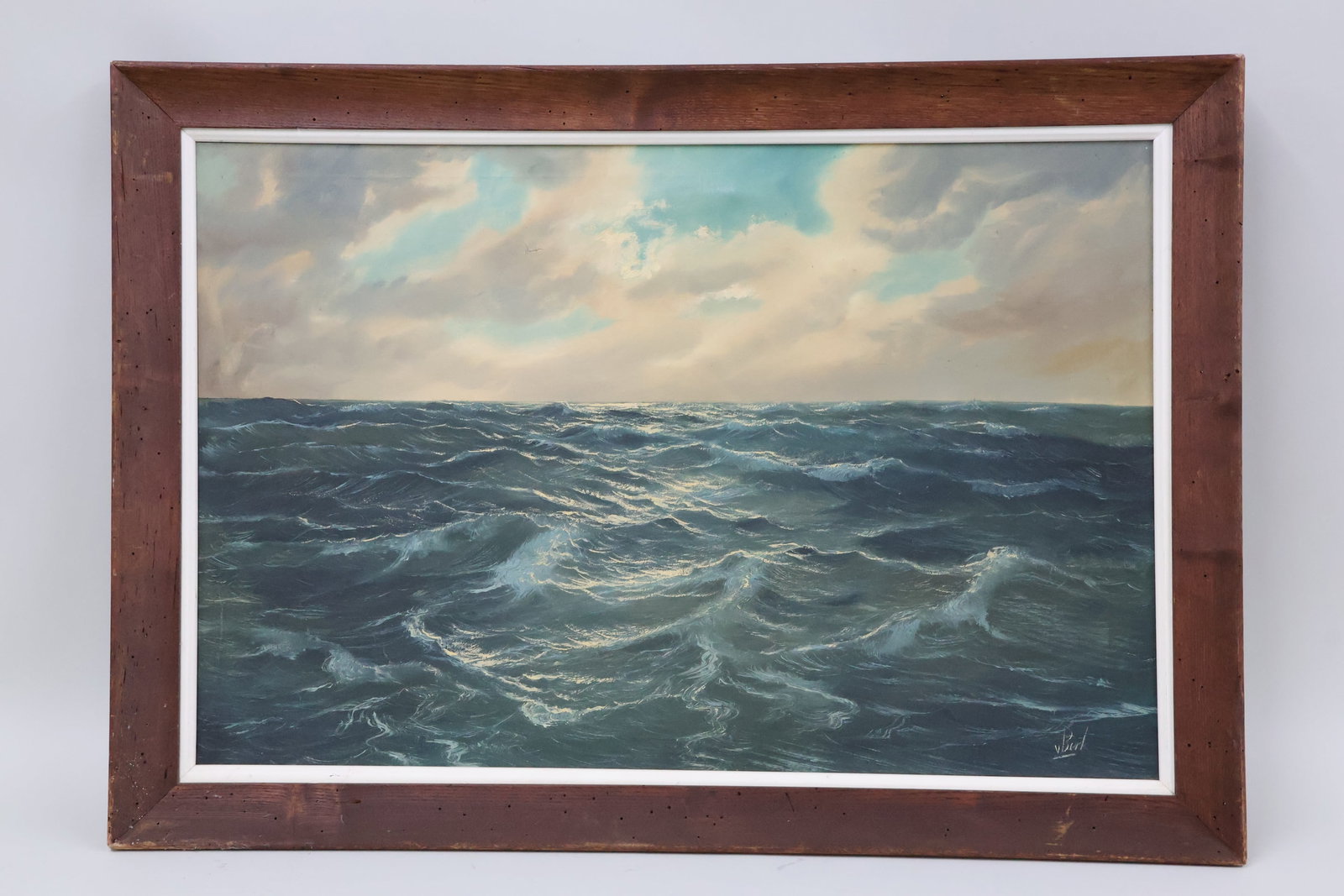 Oil on Canvas of Ocean Landscape: Oil on Canvas of Ocean Landscape Oil on Canvas of Ocean Landscape signed V. Berk. Used condition, wear, worn. Frame size 28 1/2" x 40 1/2" x 2 1/2"