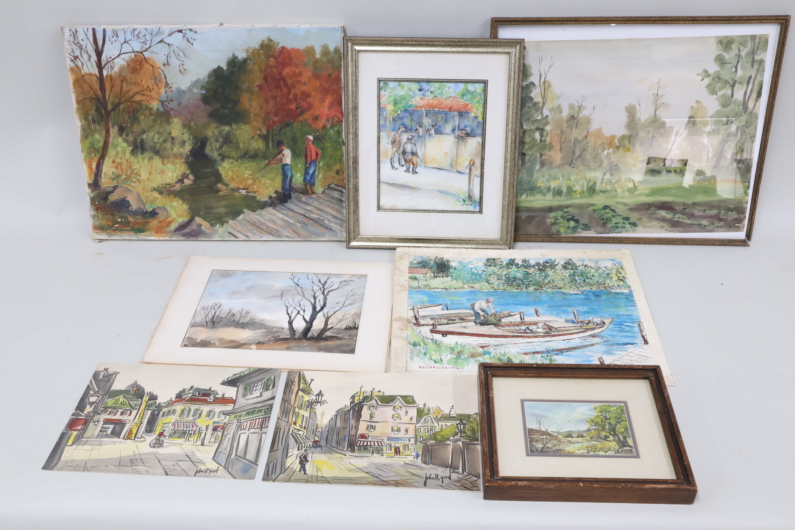 Vintage Oil on Canvas of Young Boys Hunting: Vintage Oil on Canvas of Young Boys Hunting Vintage Oil on Canvas of Young Boys Hunting. Together with oil painting of streamside landscape with flower signed Ed Haring, mixed media of man in fishing 
