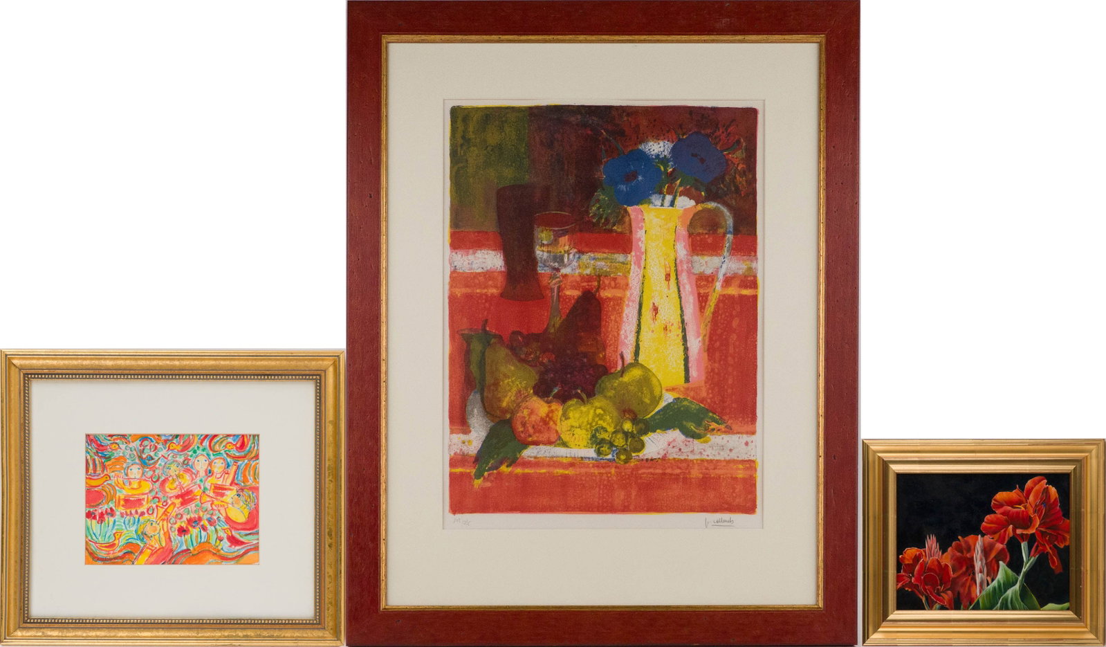 Ray Cohen, Orchestra with Birds, Watercolor and Gouache on Paper: Ray Cohen Orchestra with Birds Watercolor and Gouache on Paper Signed l.l. Together with an oil on board, still life of red canna flowers and a lithograph of a still life by Paul Collomb. 3 pieces Lar