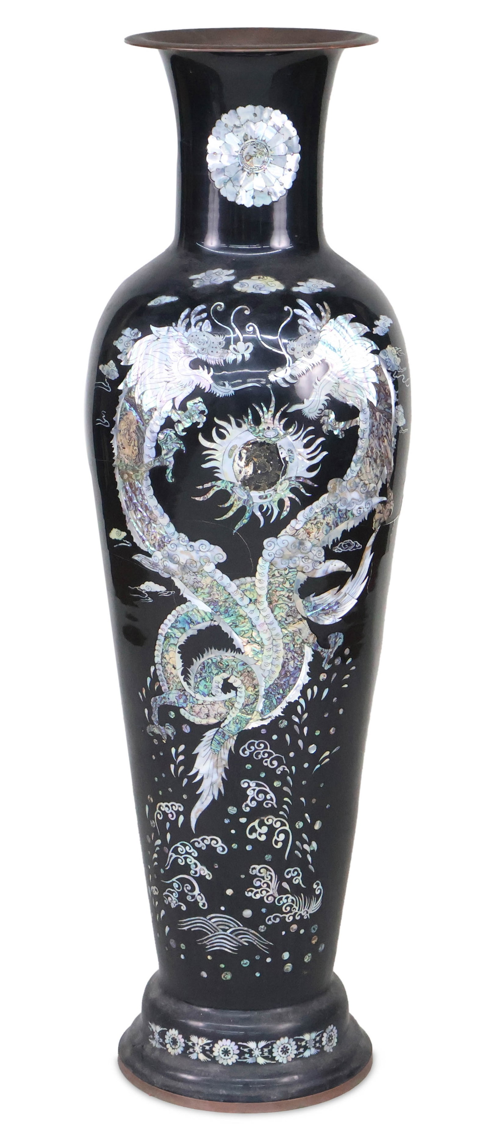 Korean Black Brass Mother of Pearl Inlaid Floor Vase: Korean Black Brass Mother of Pearl Inlaid Floor Vase 20th C. with dragon motif. Losses. 49 1/4 x 14 in. (125.1 x 35.6 cm.)