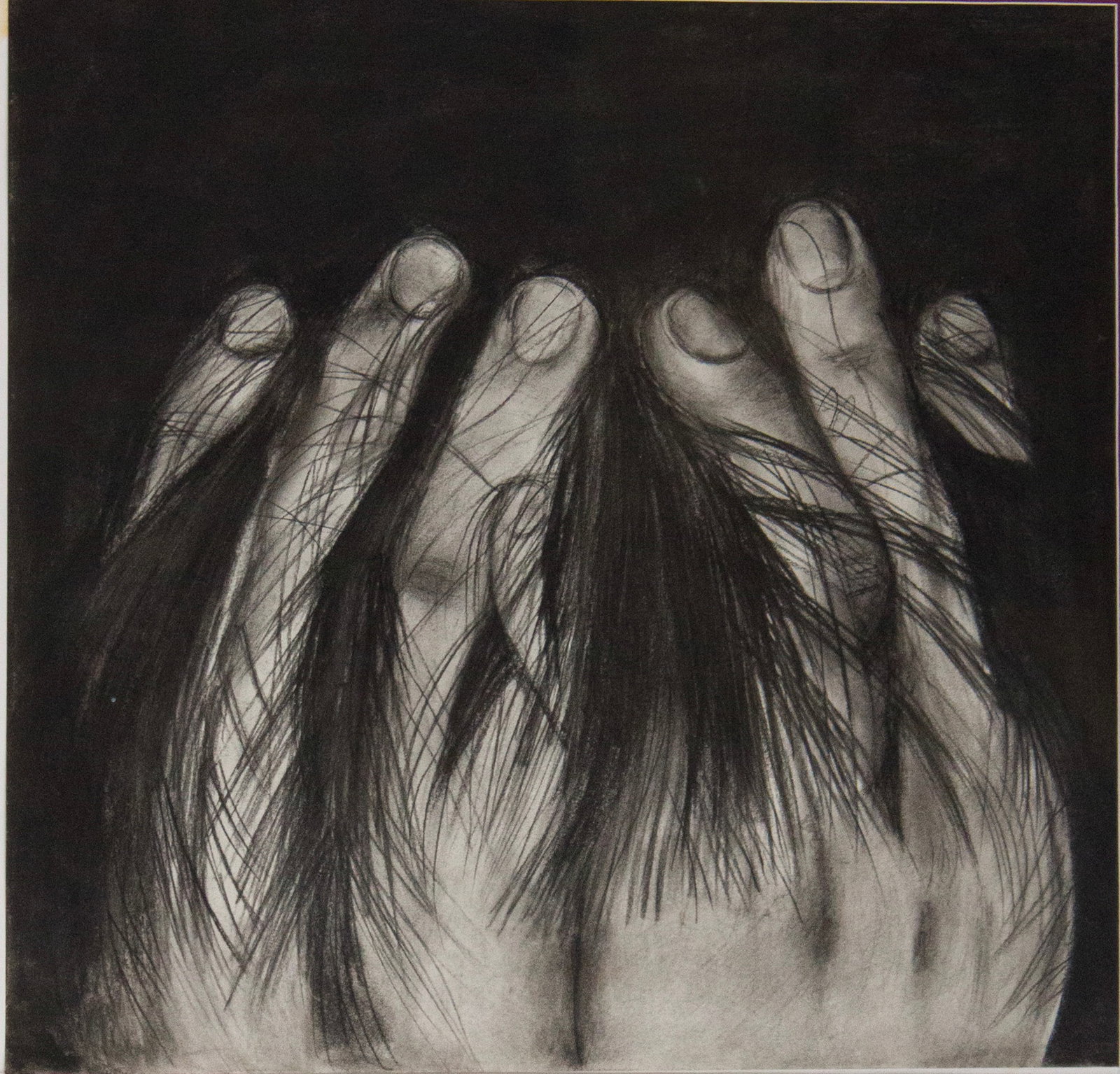 Fingers in Hair, Charcoal on Paper: Fingers in Hair Charcoal on Paper Appears to be unsigned. Sight: 17 1/4 x 19 1/4 in. (43.8 x 48.9 cm.), Frame: 31 3/4 x 37 1/2 in. (80.6 x 95.3 cm.)