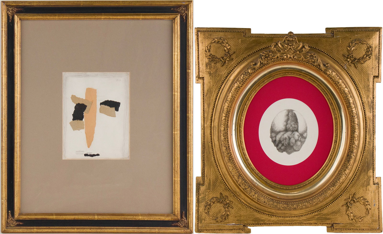 Abstract, Collage: Abstract Collage Initialed. Together with a pencil drawing of a tumor, appears to be unsigned. Sight: 6 3/4"h x 6"w and 8 3/4"h x 6 3/4"w, Frame: 21"h x 19"w and 23 1/2"h x 19 1/2"w