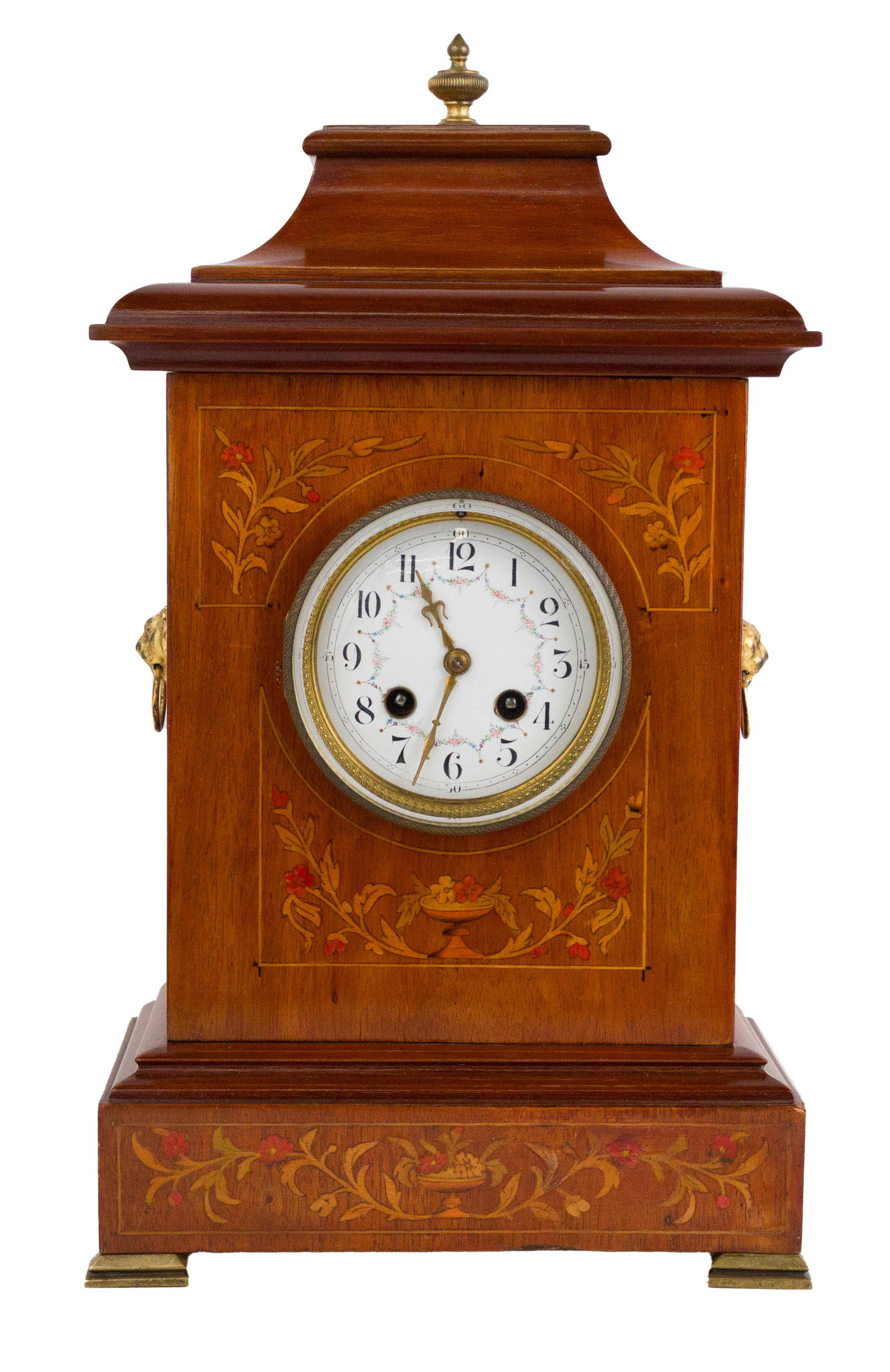 Neoclassical Style Inlaid Cherrywood Mantel Clock: Neoclassical Style Inlaid Cherrywood Mantel Clock 20th C. 17 x 9 3/4 x 5 3/4 in. (43.2 x 24.8 x 14.6 cm.)