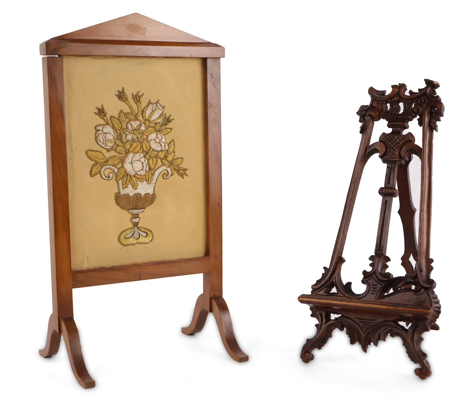 Biedermeier Fruitwood Table Top Fire Screen: Biedermeier Fruitwood Table Top Fire Screen 19th C. with needlepoint inset into frame. Together with a Victorian tabletop easel. 2 pieces Restorations, wear, surface distress. Firescreen: 17 1/4 x 9