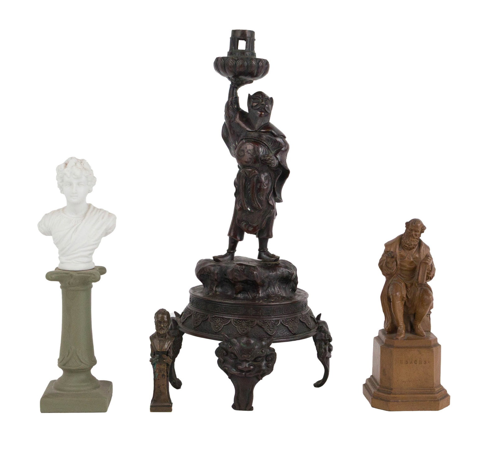 Chinese Bronze Figural Candlestick Lamp: Chinese Bronze Figural Candlestick Lamp Signed. Together with a porcelain bust on a pedestal, a small bronze bust of Victor Hugo, and ceramic sculpture of Hans Sachs. 4 pieces Largest: 13 1/2 x 5 1/2