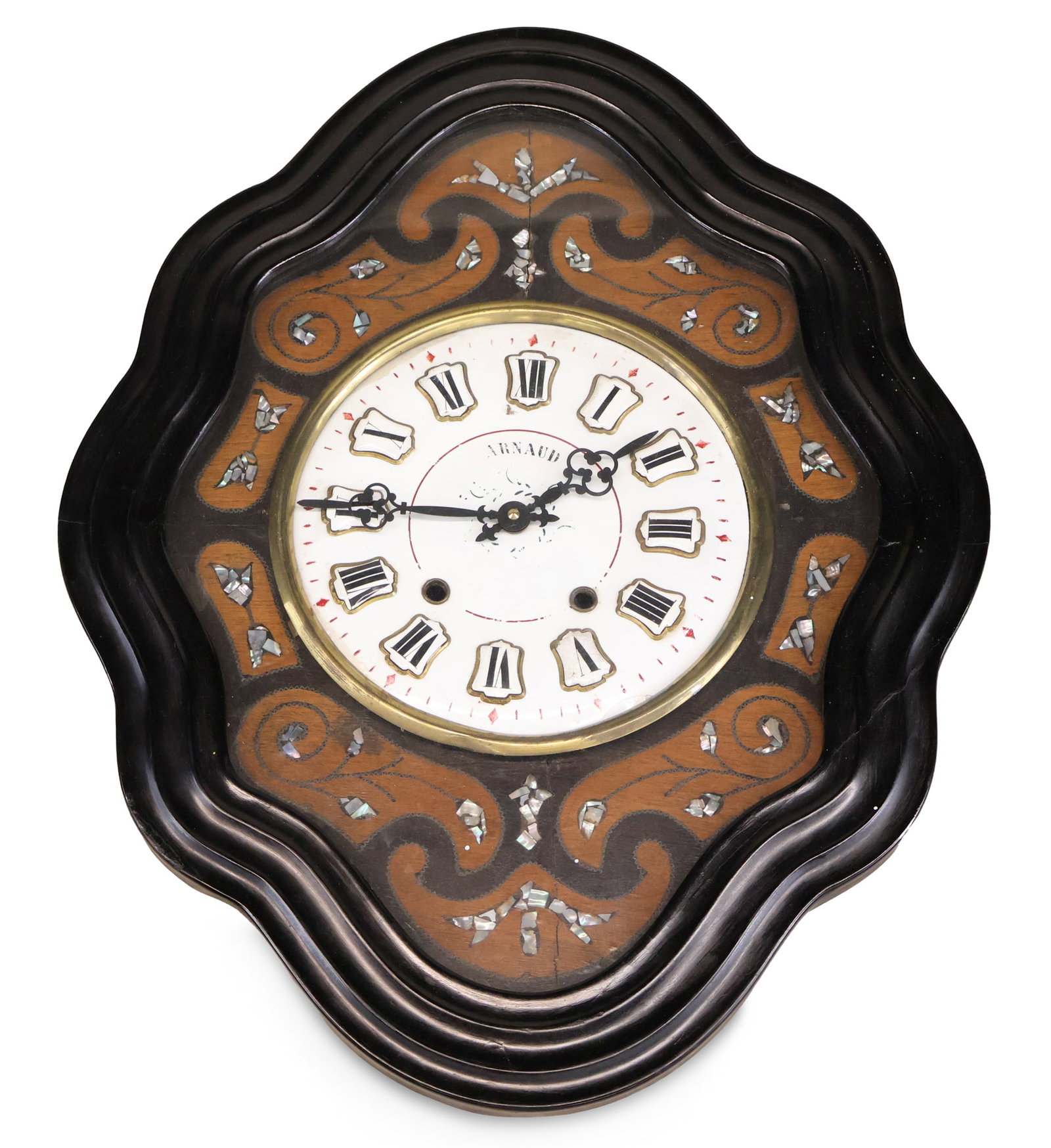 Napoleon III Style Marquetry and Ebonized Wall Clock: Napoleon III Style Marquetry and Ebonized Wall Clock Clock dial inscribed "Arnaud". Losses, wear, surface distress. 23 3/4 x 18 3/4 x 5 1/2 in. (60.3 x 47.6 x 14 cm.)