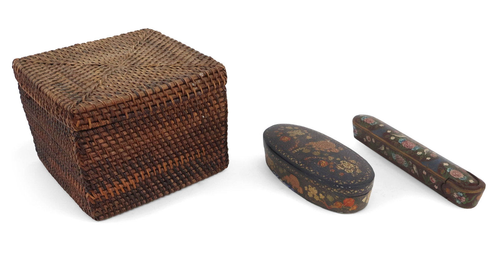 Two Painted Lacquer Boxes: Two Painted Lacquer Boxes 19th/20th C. Together with a square lidded woven box. Losses, wear, surface distress. From: 1 1/2 x 9 1/4 x 1 3/4 in. (3.8 x 23.5 x 4.4 cm.), to 6 1/4 x 9 x 8 1/2 in. (15.9