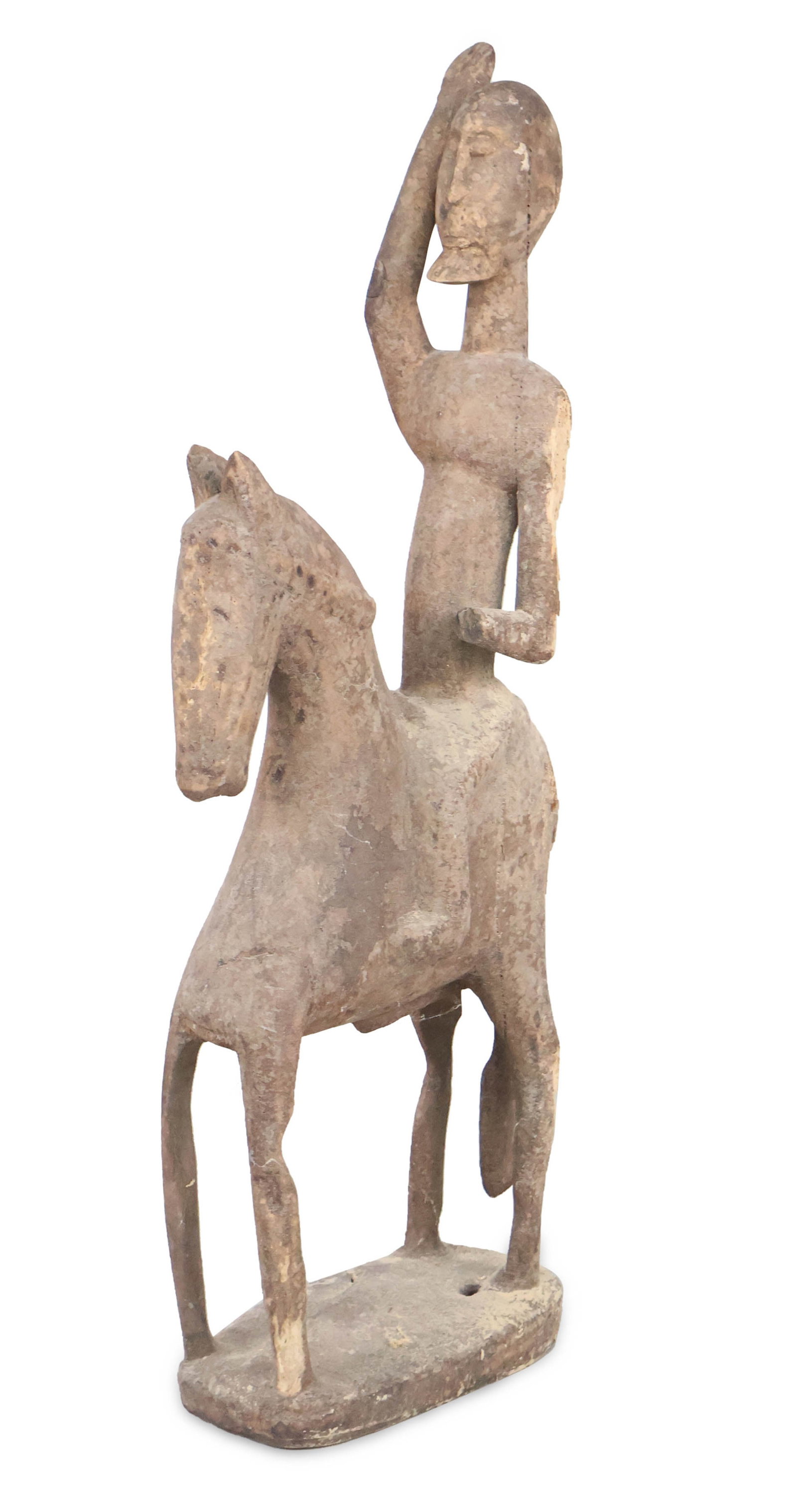 Dogon Carved Wood Figure on Horseback: Dogon Carved Wood Figure on Horseback Mali, West African. Possibly a reproduction. Surface distress, losses. 37 1/2 x 6 1/2 x 14 1/2 in. (95.3 x 16.5 x 36.8 cm.)