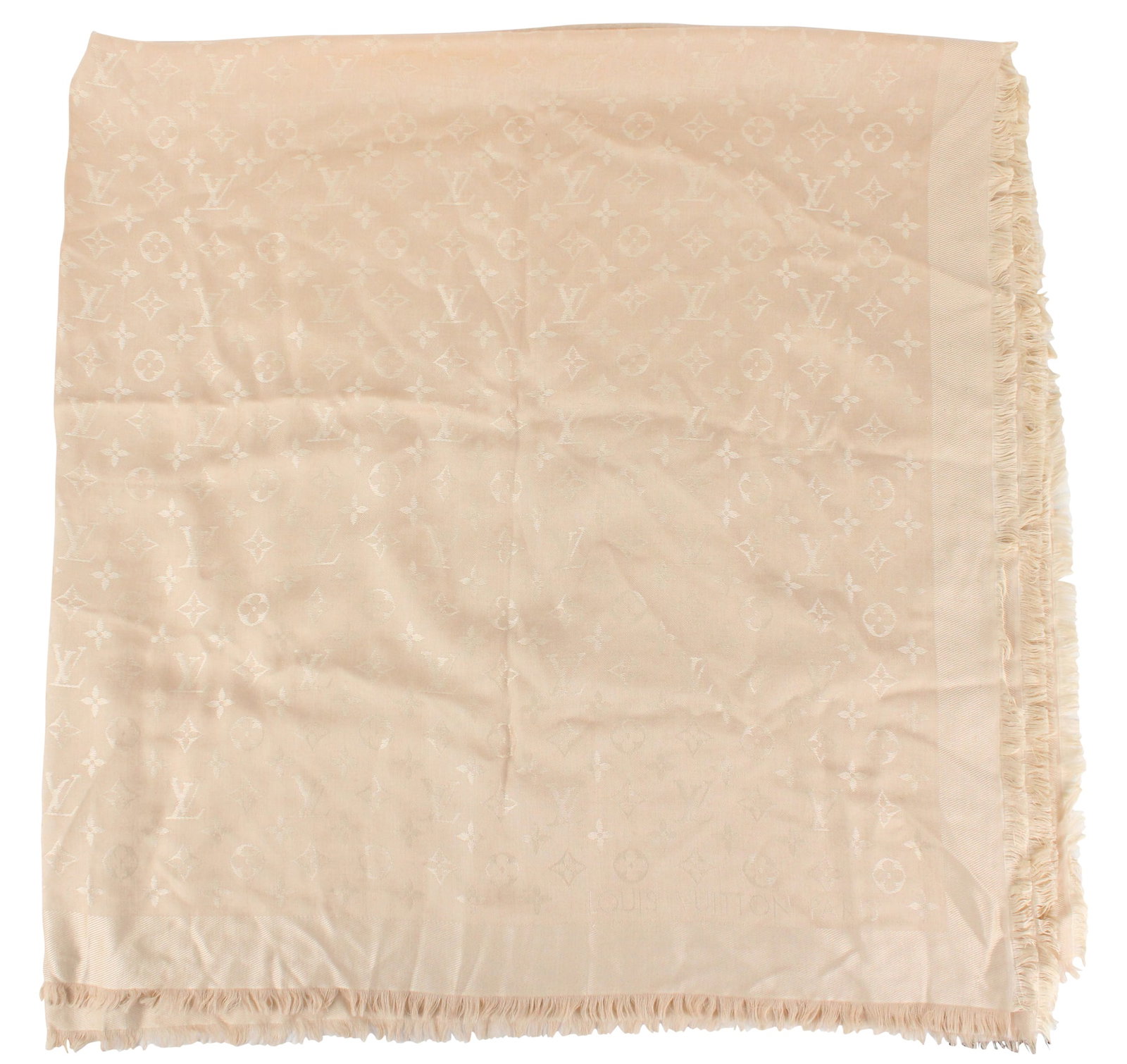 Louis Vuitton Cream Silk and Wool Monogram Shawl/Scarf: Louis Vuitton Cream Silk and Wool Monogram Shawl/Scarf Labeled Louis Vuitton, 60% Silk and 40% Wool. Wear associated with use. Provenance: The Estate of Susan Chalom, New York, NY 57 x 53 in. (144.8
