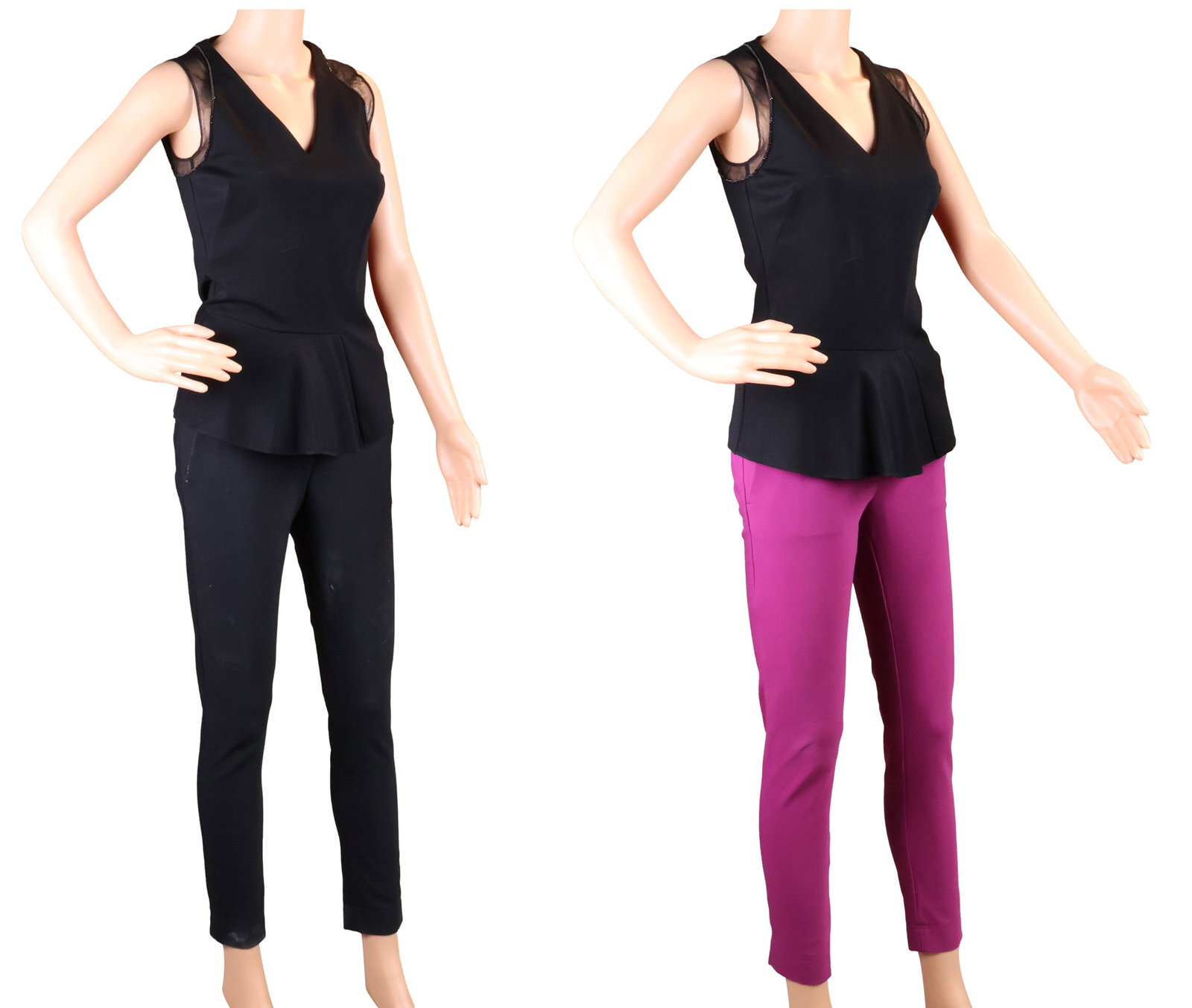 Stella McCartney Black Beaded Sleeveless Top: Stella McCartney Black Beaded Sleeveless Top Size 38. Together with two pairs of Stella McCartney dress pants, black pair size 38 and purple pair size 38. 3 pieces Stains, Wear associated with use.