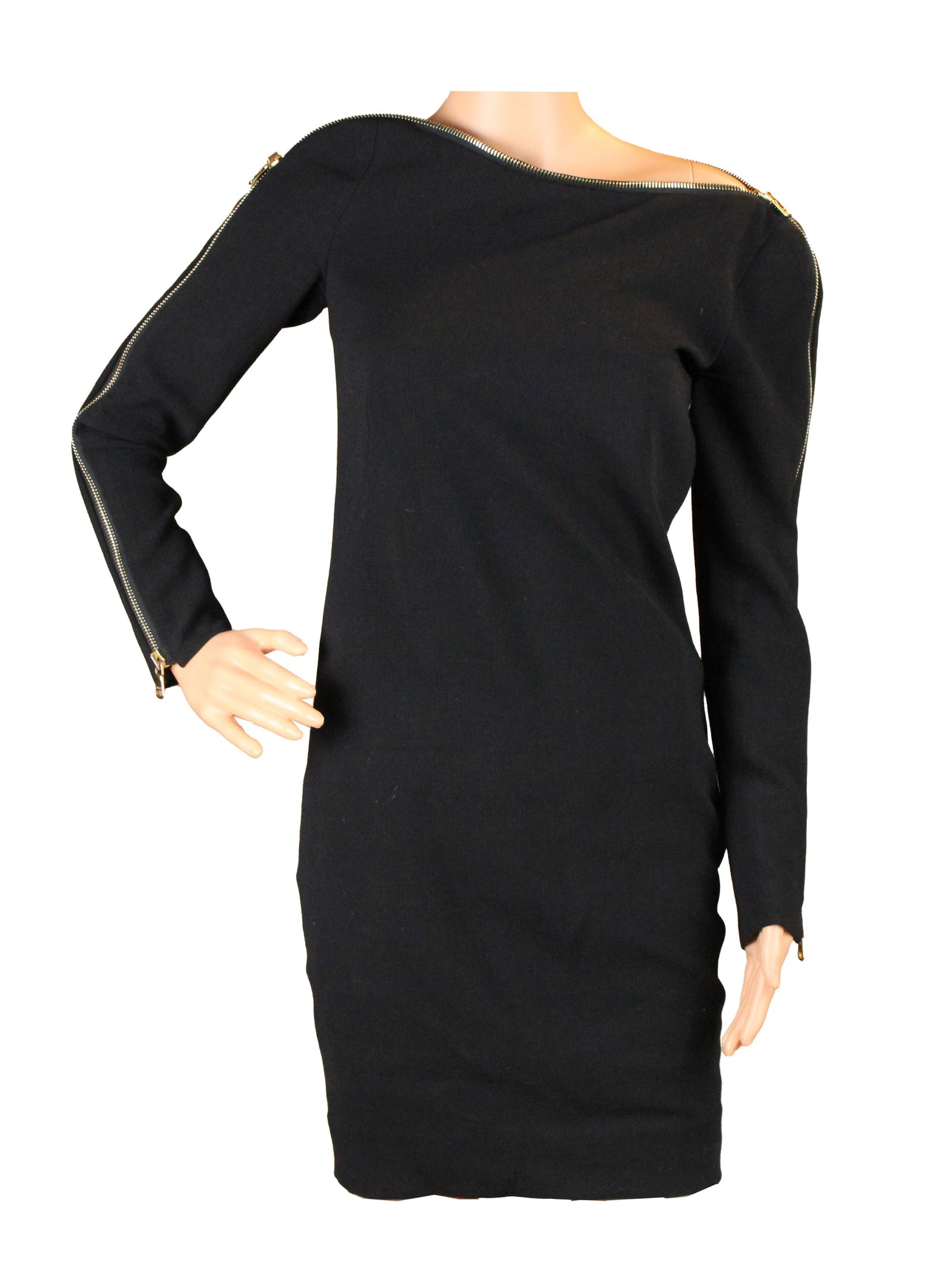 Emilio Pucci Black Long Sleeve Cocktail Dress: Emilio Pucci Black Long Sleeve Cocktail Dress US size 4, with zipper across shoulders to create opening for head. Stains Wear associated with use. Provenance: The Estate of Susan Chalom, New York, NY