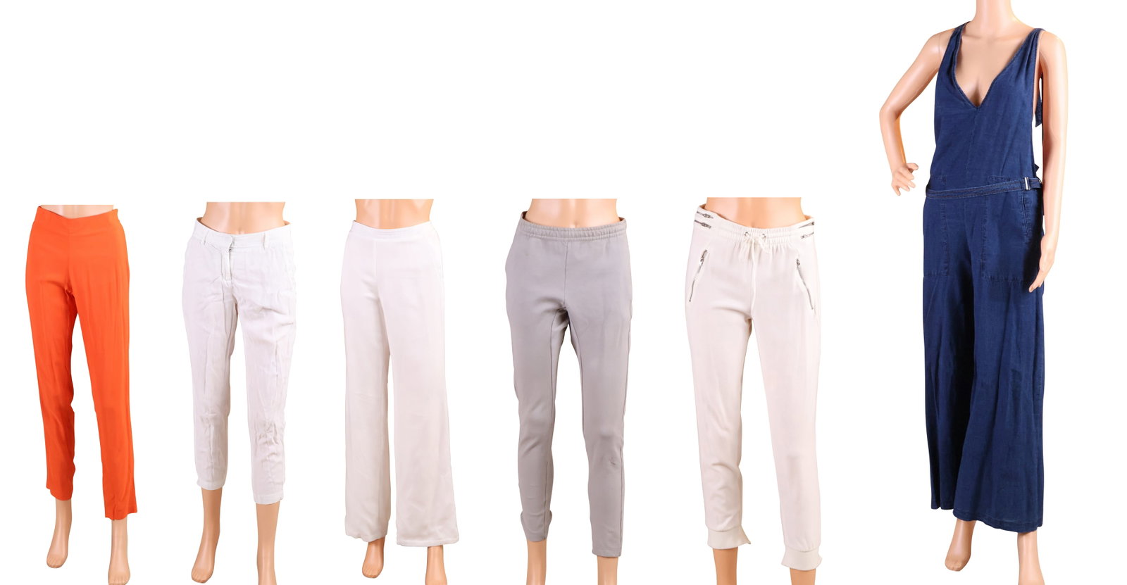 Five Pairs of Casual Pants: Five Pairs of Casual Pants Comprising, a pair of Babatoni white pants, size 0, a pair of Charlotta Gandolfo white pants, size XS, a pair of Jac + Jack grey sweatpants, a pair of Sass & Bide orange pan
