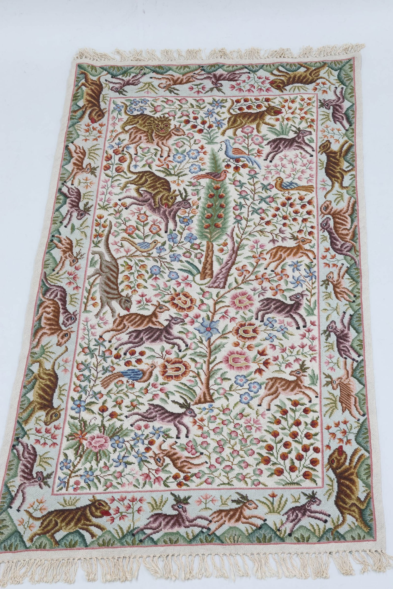 Vintage Aubusson Needlepoint Wall Hanging: Vintage Aubusson Needlepoint Wall Hanging Vintage Aubusson Needlepoint Wall Hanging depicting forest with animals. Used condition 61" long from fringe to fringe x 33 1/2"