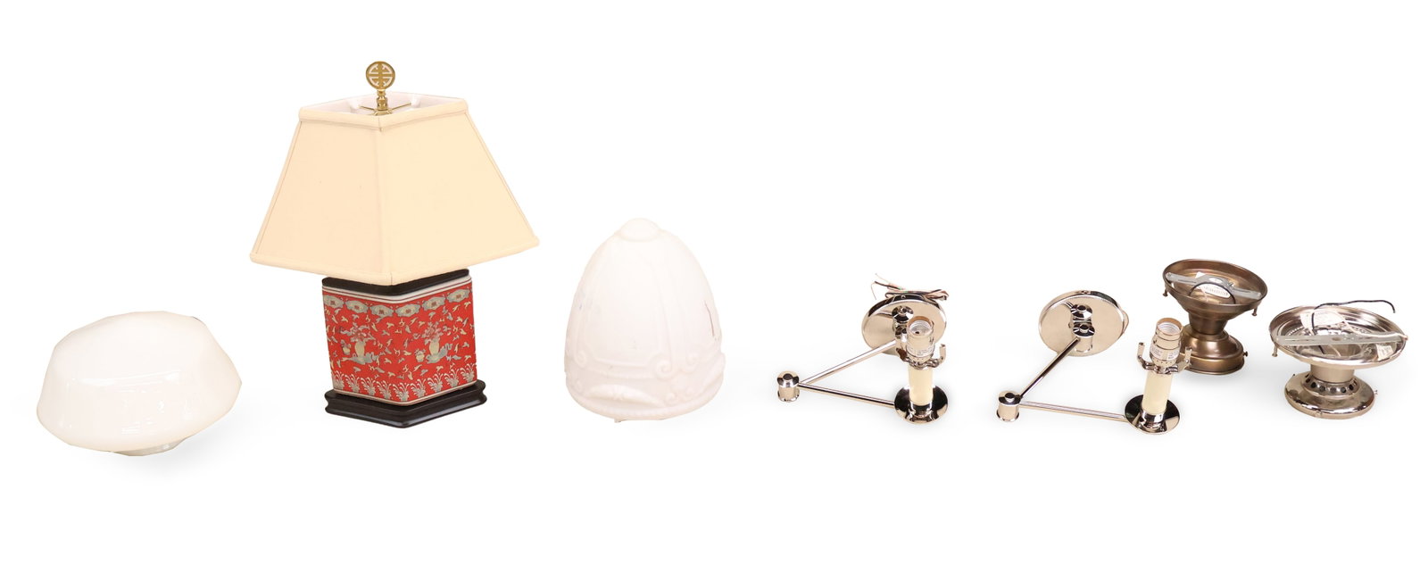 Group of Assorted Lighting Devices: Group of Assorted Lighting Devices Including a porcelain table lamp, a pair of new articulated wall sconces and two pendant ceiling fixtures, 20th C.