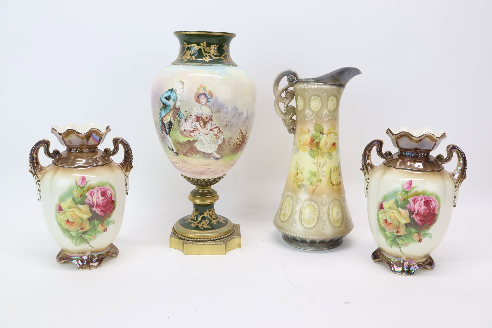 Antique Portrait Porcelain Urn Depicting Courting Couple: Antique Portrait Porcelain Urn Depicting Courting Couple Antique Portrait Porcelain Urn Depicting Courting Couple signed La Rochette. Together with a pair of Rose decorated double handled vases and a 