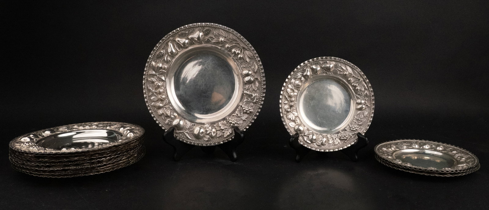Twelve 800 Silver Fruit Decorated Dessert Plates (1 of 10)