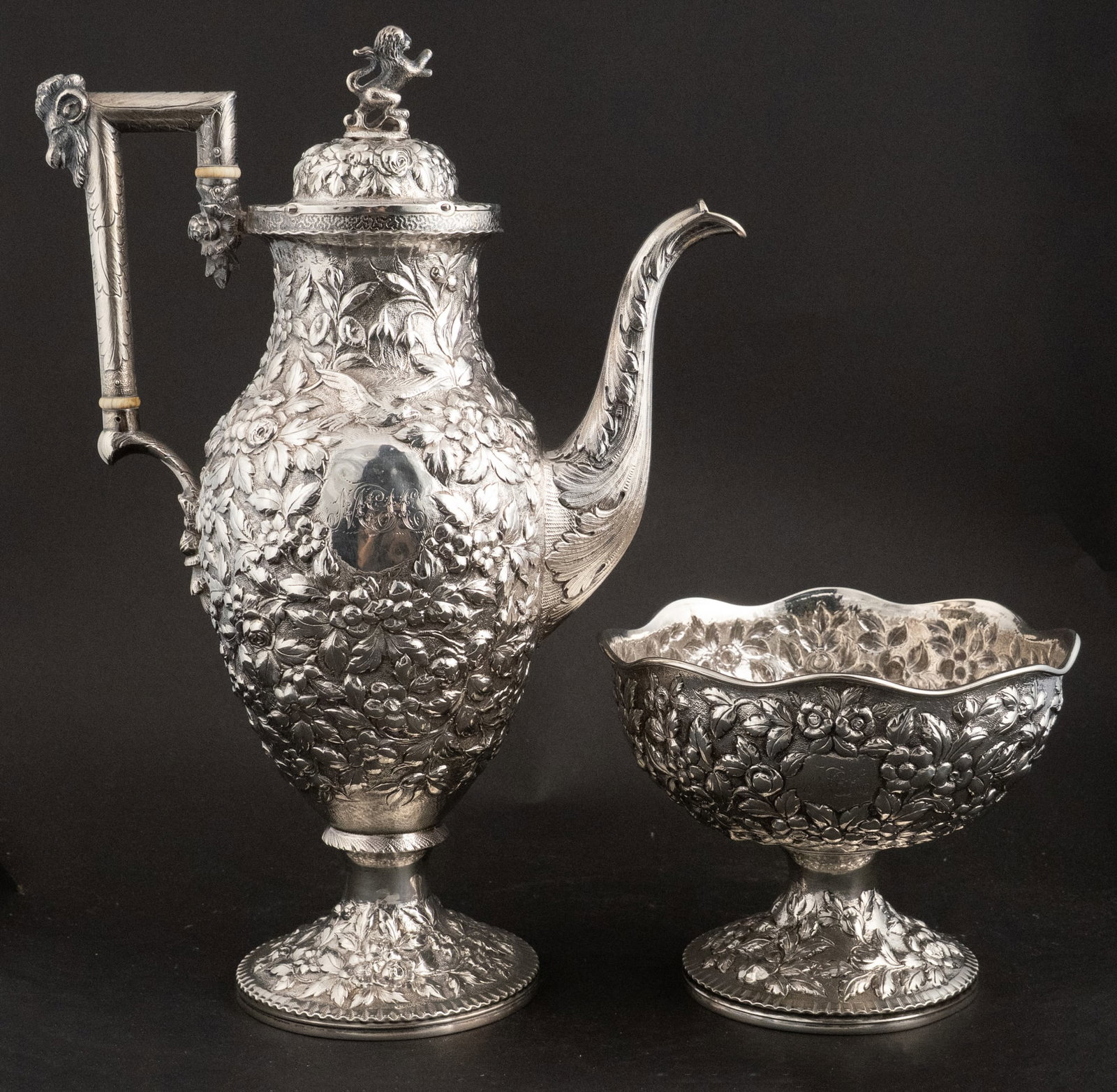 Early Baltimore Coin Silver Teapot and Bowl: Early Baltimore Coin Silver Teapot and Bowl A. E Warner repousse decorated pot and bowl. American, Andrew E. Warner, Baltimore, Maryland, 1786-1870. Lion finial coffee pot with cow head decorated