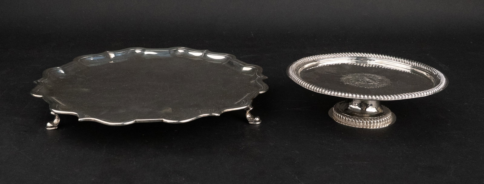 English Silver Tazza: English Silver Tazza 1699, possibly Jonathan Kirke, 2"h x 7"dia. Together with an English Silver Shaped Salver. English, London, 1733, makers mark worn, 1.5"h x 11"dia. Approx. 29 t.o. 1 1/2 x 11 in.