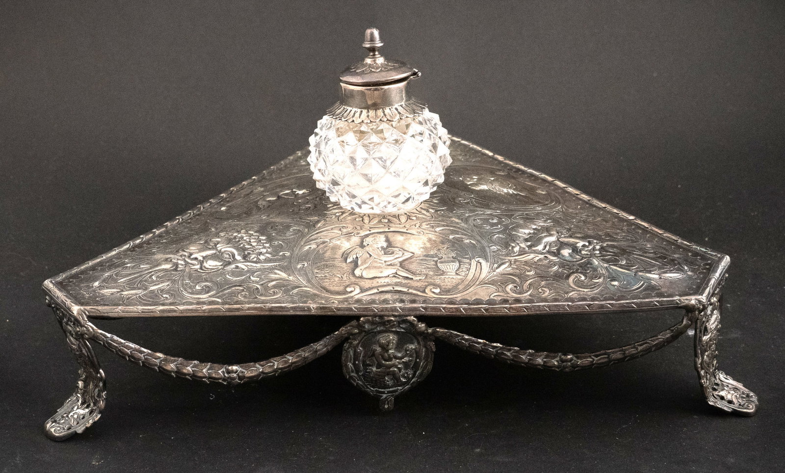 English Silver Triangular Inkwell - 7