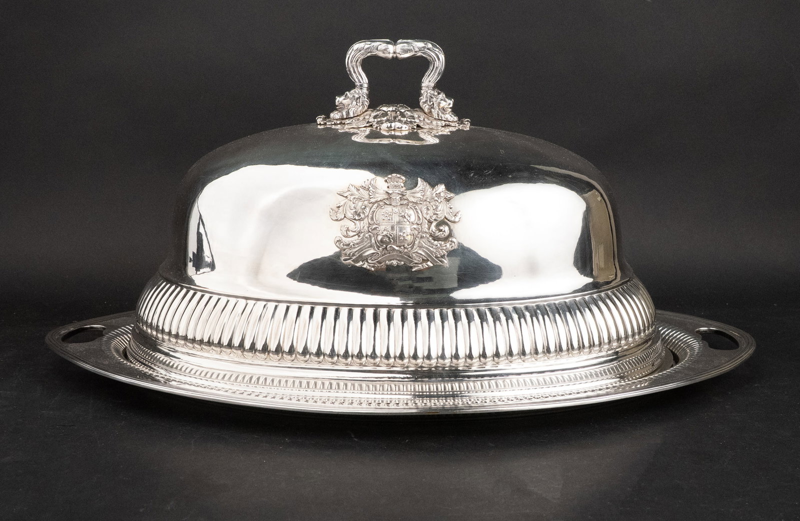 English Silver Double Handled Oval Tray: English Silver Double Handled Oval Tray London, MD and Sons, 22 7/8"l. Together with an English Silver reticulated liner, English, London, possibly Andrew Fogelberg, 18th C. 17.5" Approx. 115 t.o.