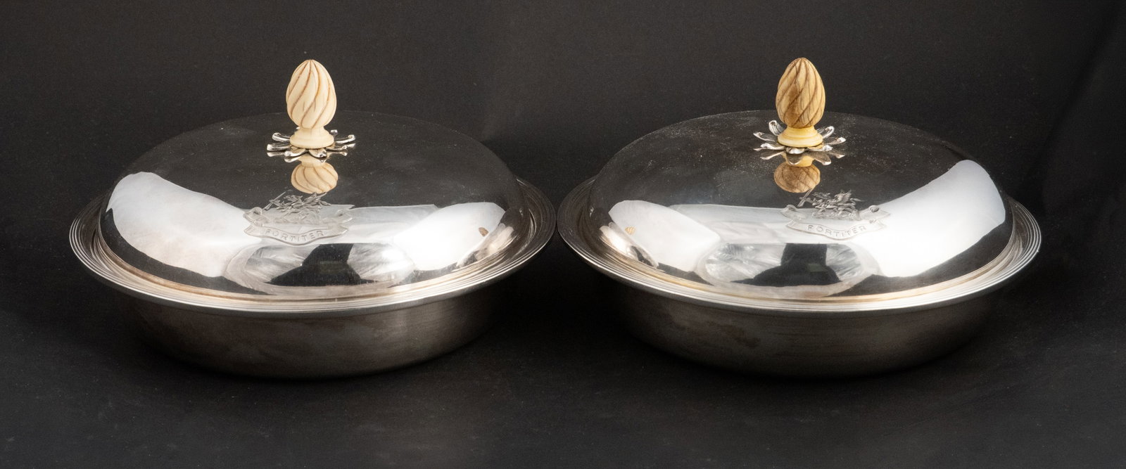 Two Circular Covered Vegetable Bowls: Two Circular Covered Vegetable Bowls Early 19th century Sheffield plate with engraved armorial on the lid. 7 1/2 in. (19.1 cm.)