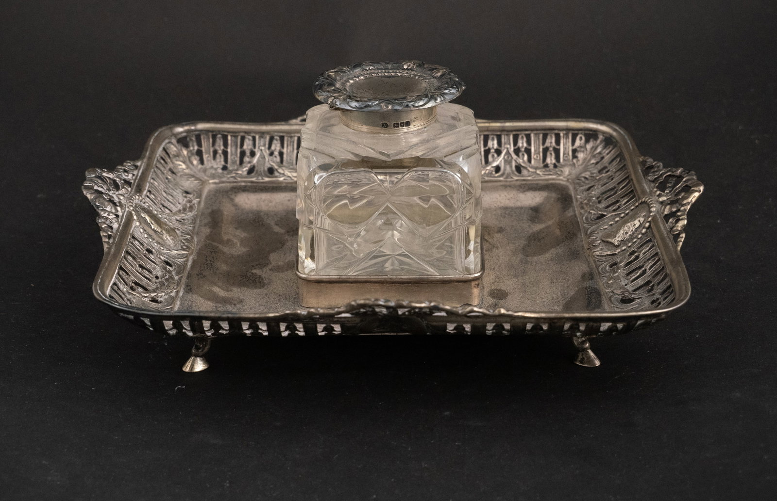 English Silver Square Reticulated Inkwell: English Silver Square Reticulated Inkwell Approx. 12 t.o. 9 x 9 in. (22.9 x 22.9 cm.)