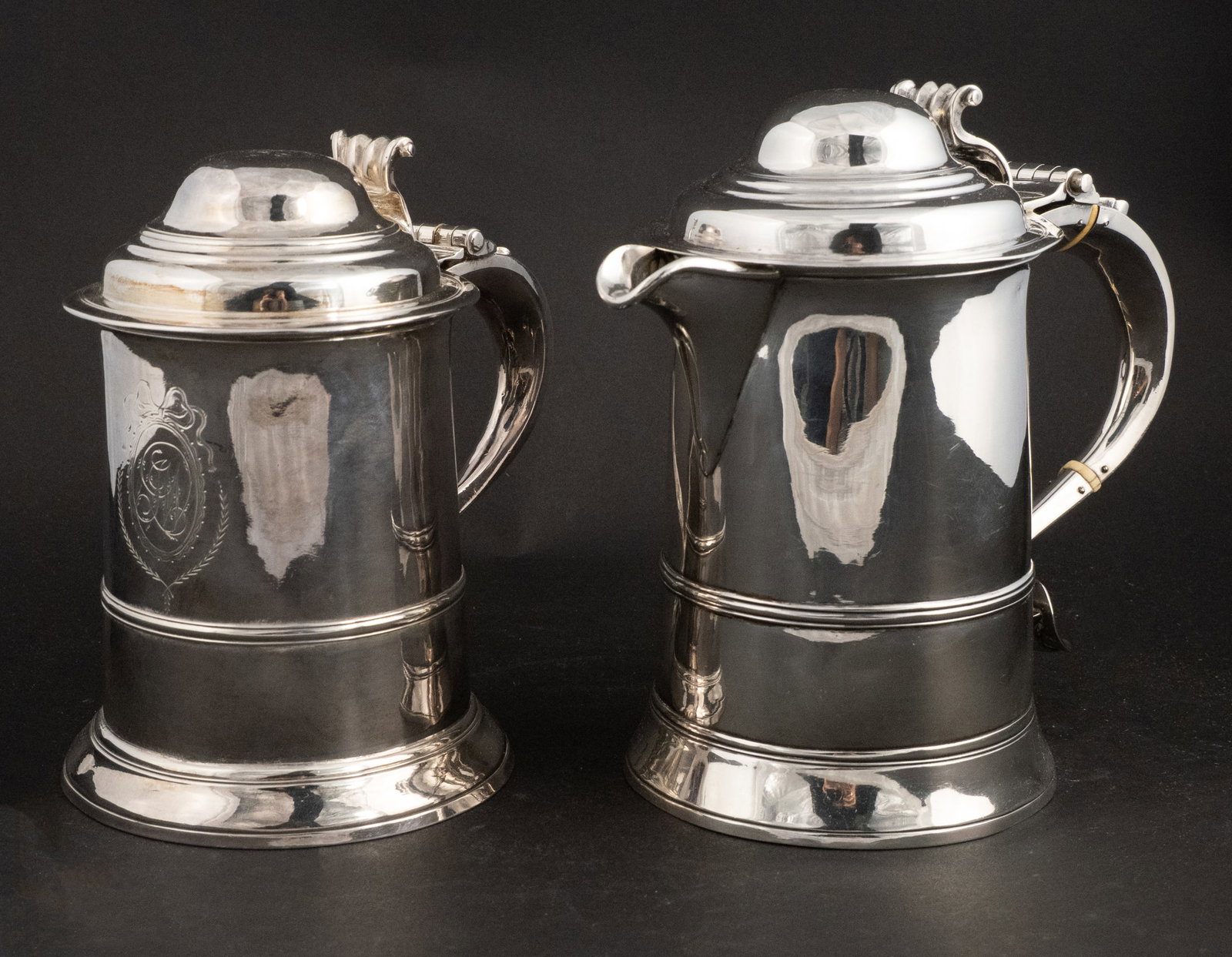 Two English Silver Covered Tankards: Two English Silver Covered Tankards One possibly by Richard Bayley. Approx. 47 t.o. 8 in. (20.3 cm.)
