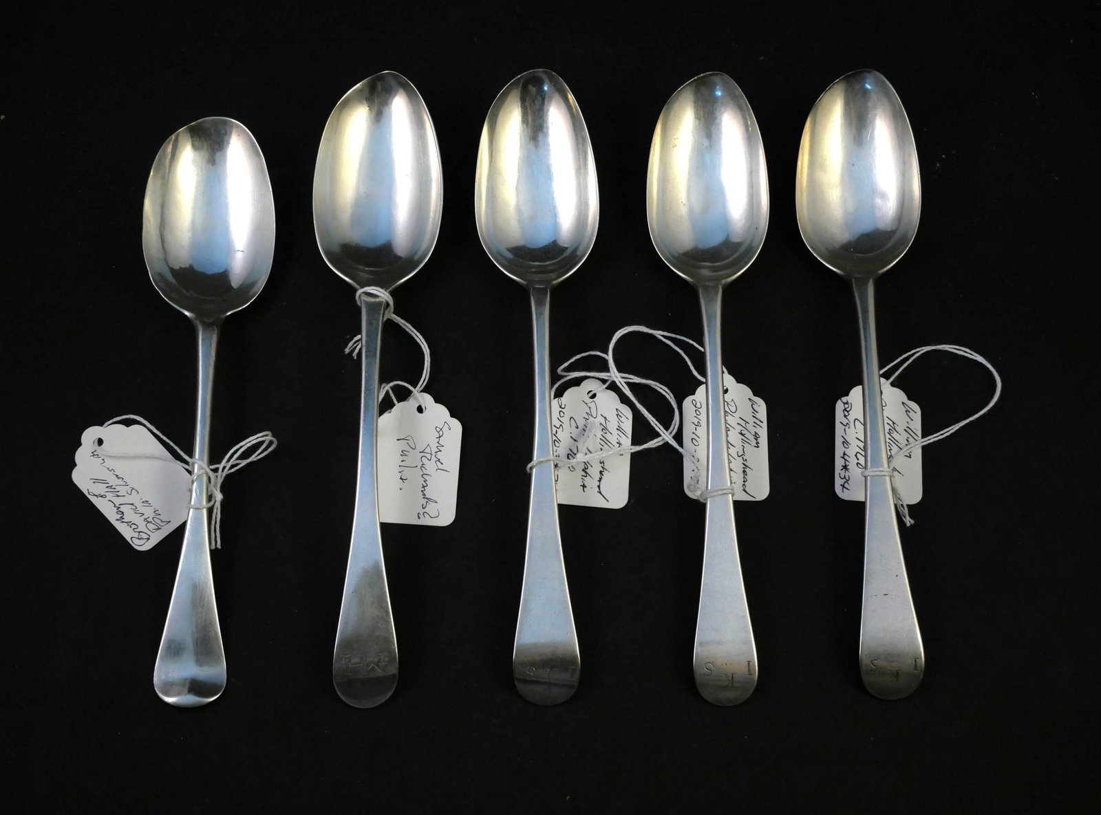 Three W. Hollingshead American Silver Spoons: Three W. Hollingshead American Silver Spoons William Hollingshead (c.1754 - 1785) Philadelphia, PA, 8.5"l. Together with possibly Samuel Richards American silver spoon, and Charles Hall c. 1765,