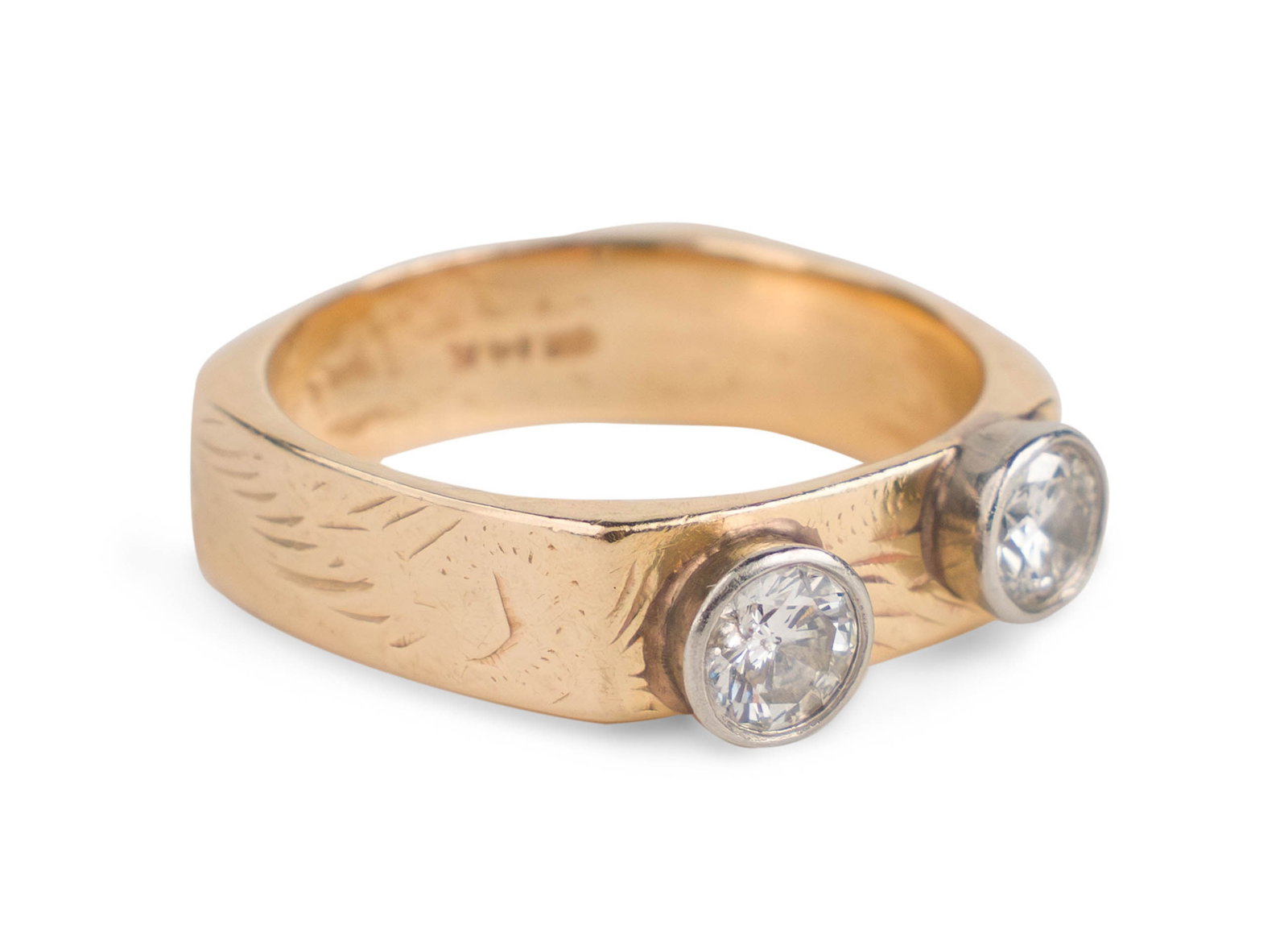 14K Yellow Gold "Toi et Moi" Ring: 14K Yellow Gold "Toi et Moi" Ring With two natural diamonds, squared ring. Size 10.5. Total weight approx. 5.14 dwt 1 x 7/8 in. (2.5 x 2.2 cm.)