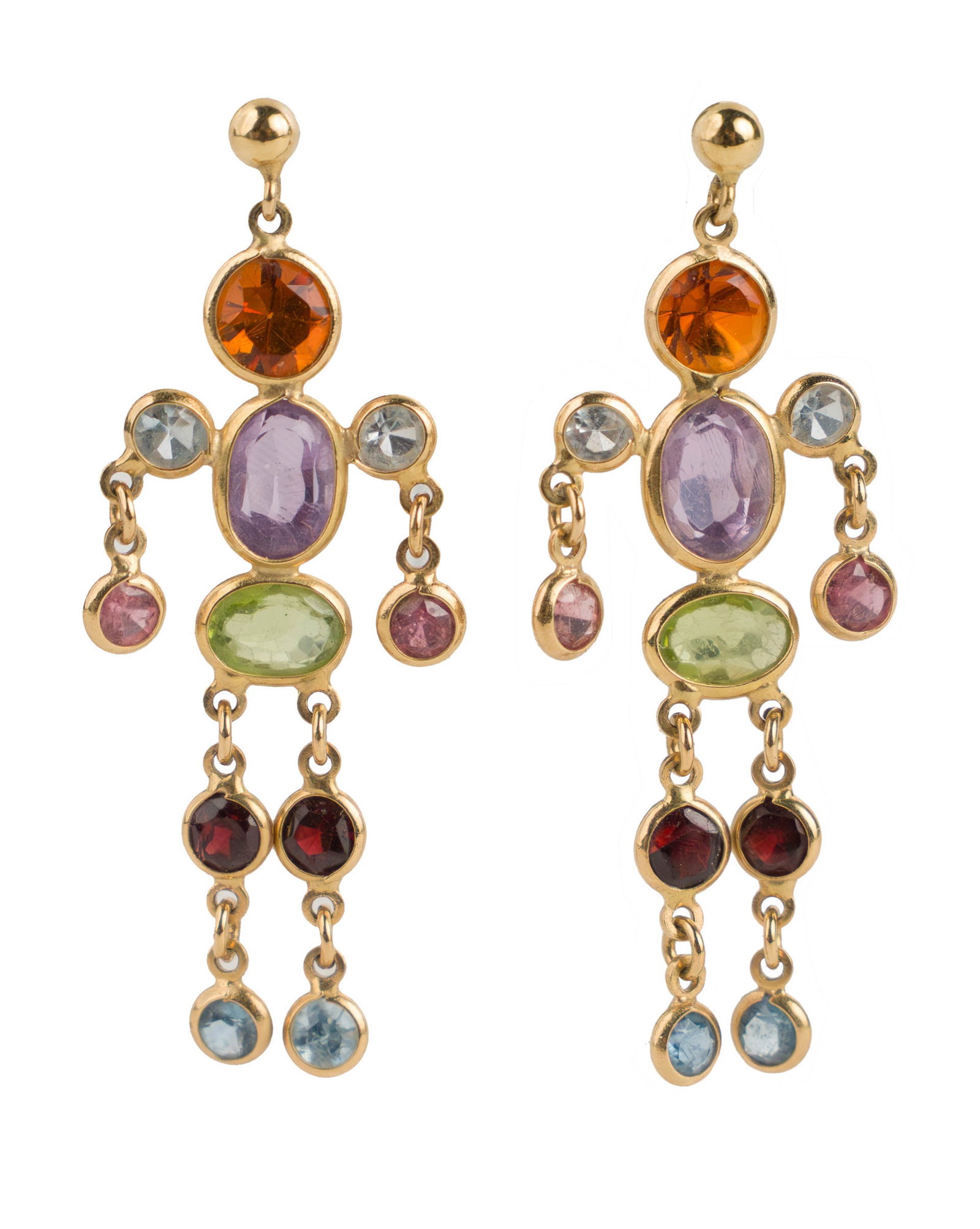 Gold and Hardstone Marionette Earrings: Gold and Hardstone Marionette Earrings Total weight approx. 4g or 2.57 dwt 1 5/8 x 5/8 in. (4.1 x 1.6 cm.)