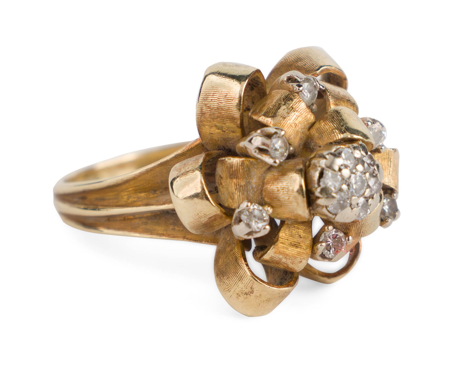 1950's Diamond and Gold Cocktail Ring: 1950's Diamond and Gold Cocktail Ring Marked 18K, with 13 small diamonds. Ring size 7 Total weight approx. 8.36 dwt 1 1/4 x 1 in. (3.2 x 2.5 cm.)