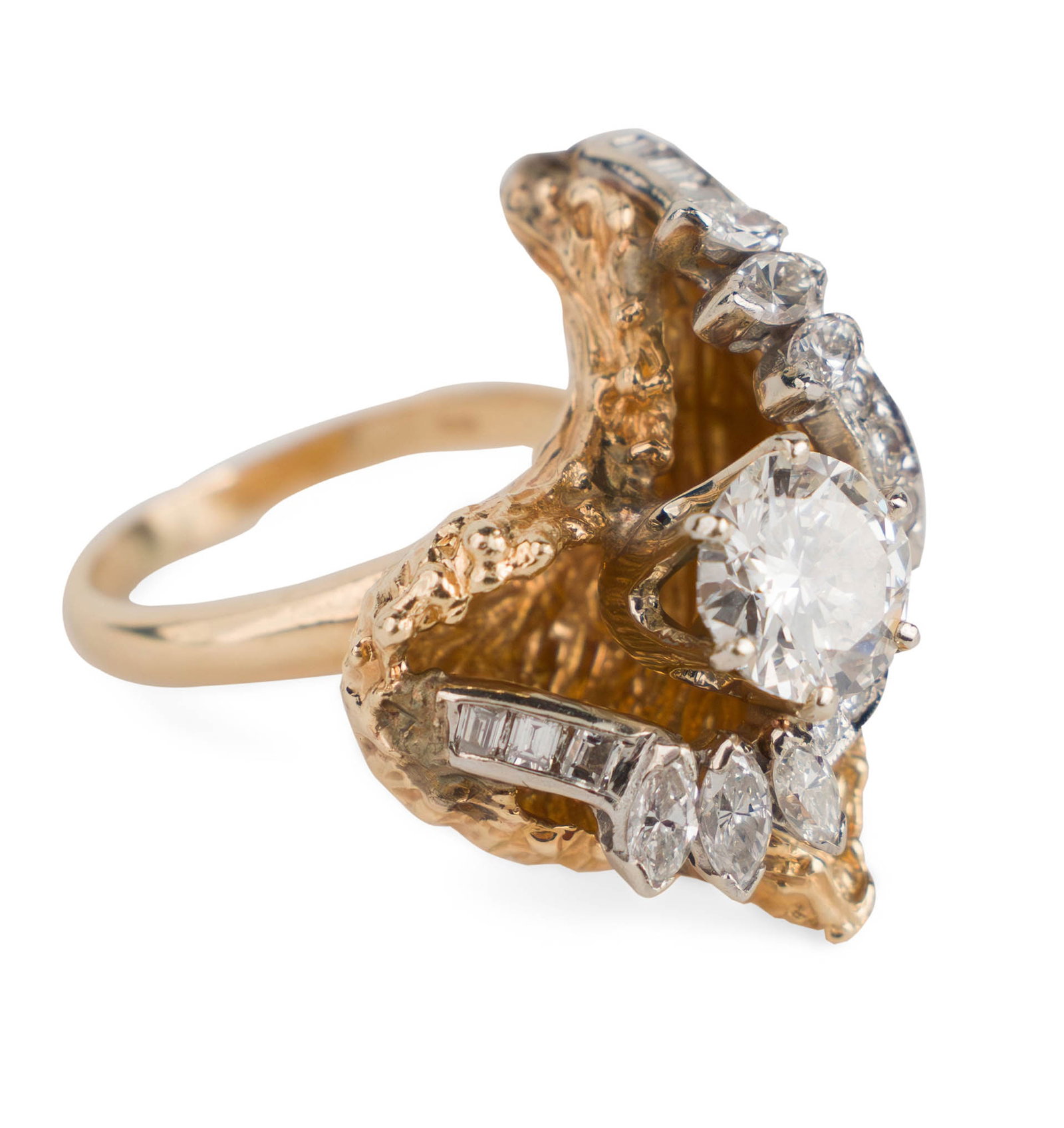 Large Carved Gold and Diamond Ring: Large Carved Gold and Diamond Ring With numerous diamonds, the largest HS 1-2, just over 1.5ct., plus 6 smaller marquis cut stones, 6 smaller emerald cut, and 6 round stones, 19 stones total. Ring