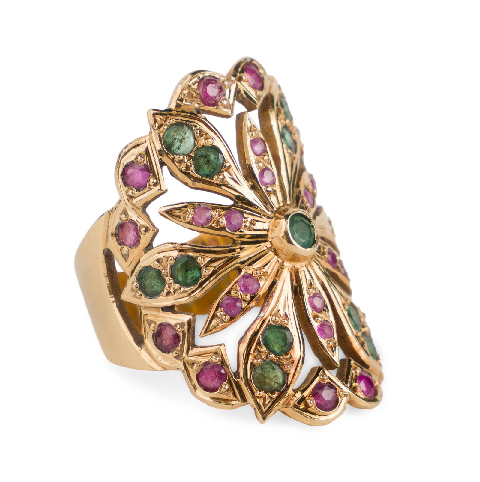 Indian Influenced 18K Gold Peacock Ring: Indian Influenced 18K Gold Peacock Ring With numerous rubies and sapphires. Ring size 7.75 Total weight approx. 9 dwt 1 1/8 x 3/4 x 3/4 in. (2.9 x 1.9 x 1.9 cm.)