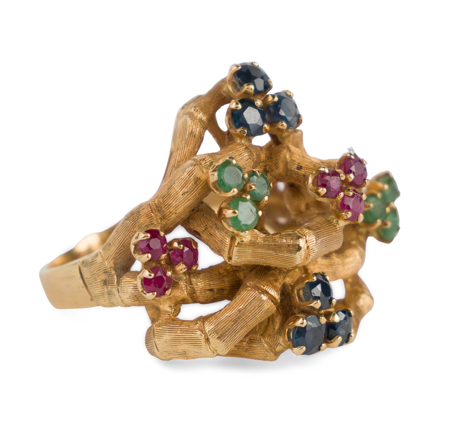 Custom Florentine Bamboo Italian Gold Cocktail Ring: Custom Florentine Bamboo Italian Gold Cocktail Ring 1960s, with 18 colored stones-marked "Italy". Ring size 7 Total weight approx. 13g or 8.36 dwt 3/4 x 1 x 1 1/8 in. (1.9 x 2.5 x 2.9 cm.)