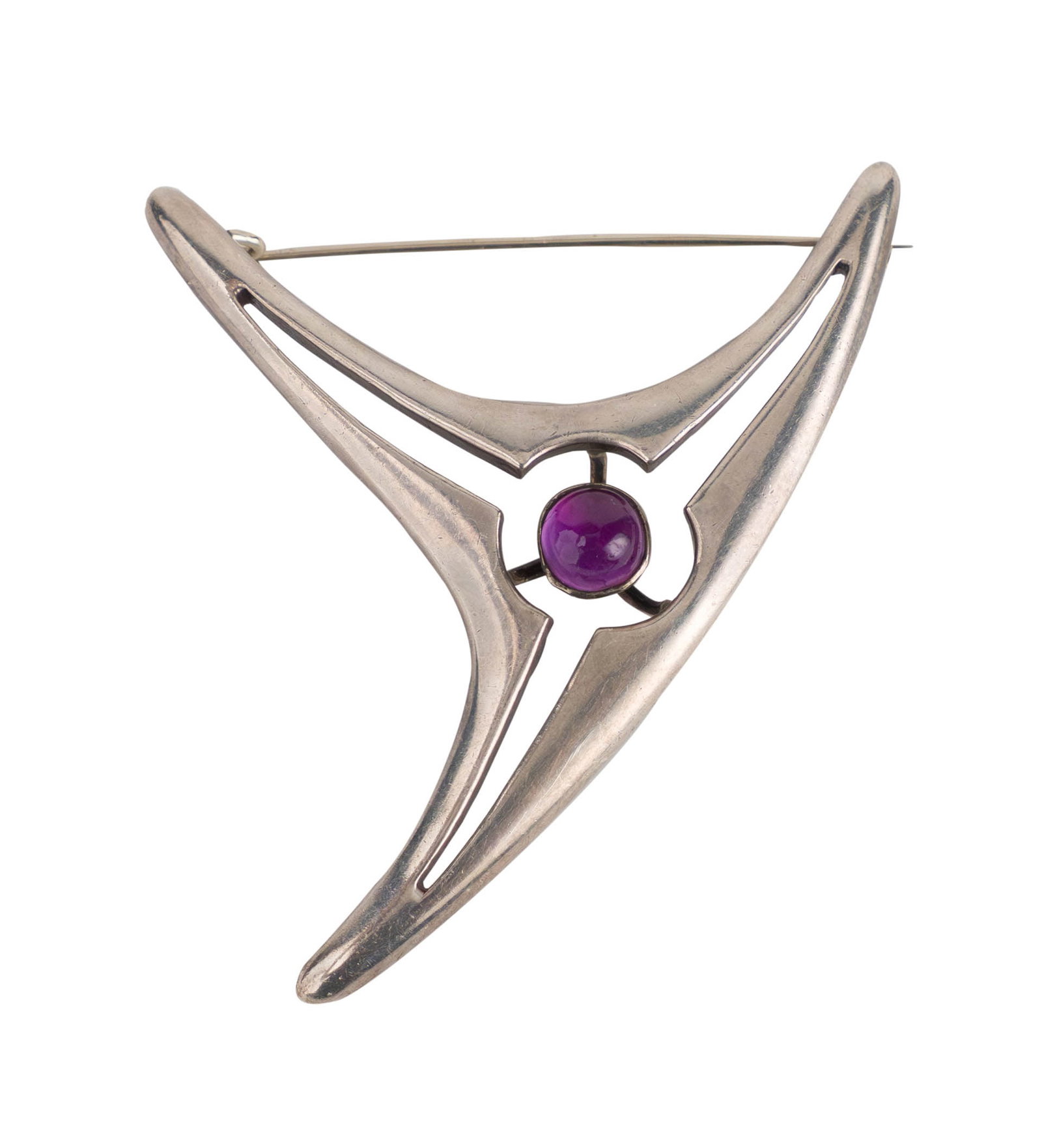 Modernist Mexican Silver Brooch: Modernist Mexican Silver Brooch With an amethyst cabochon, after Arne Johansen, fully hallmarked on reverse. 1 3/4 x 2 5/8 in. (4.4 x 6.7 cm.)