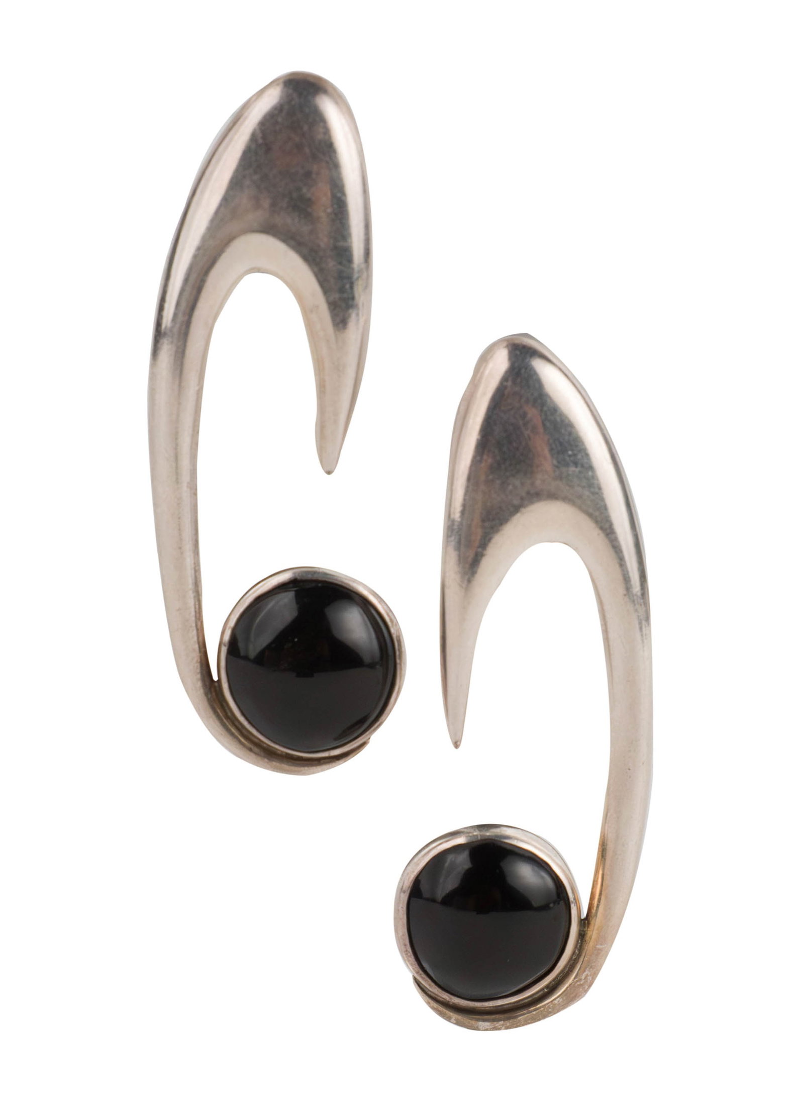 Large Modernist Mexican Silver and Onyx Earrings: Large Modernist Mexican Silver and Onyx Earrings Signed Mexico, 925, and marker's mark. 2 1/8 x 3/4 in. (5.4 x 1.9 cm.)