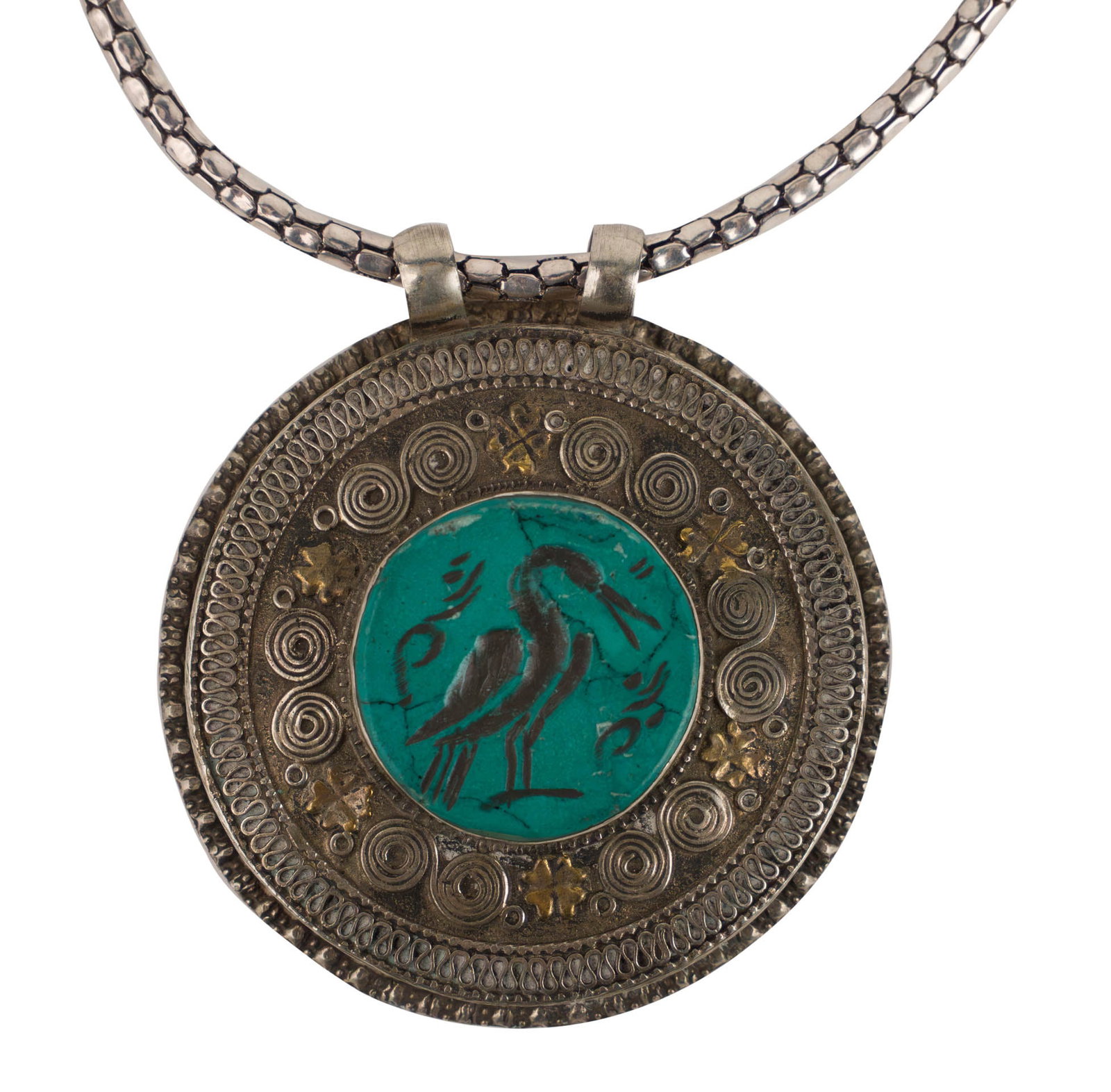 Afghan Silver and Turquoise Pendant with Chair: Afghan Silver and Turquoise Pendant with Chair Intaglio image of a crane. Chain: 20 in. (50.8 cm.), Pendant: 2 1/2 in. (6.4 cm.)