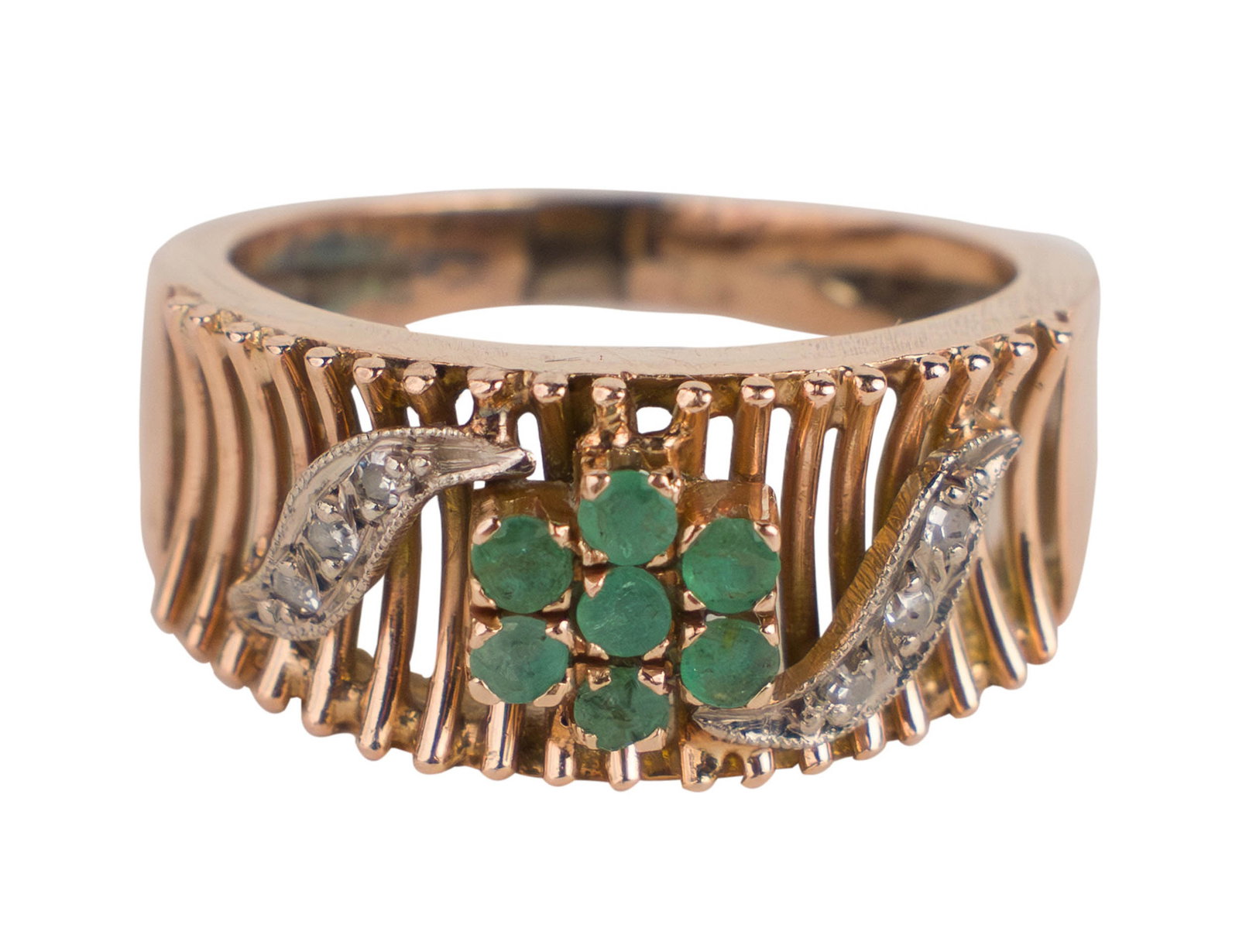 Modern Emerald and Diamond Ring: Modern Emerald and Diamond Ring With seven small emeralds and 6 small diamonds, unmarked. Ring size 10 Total weight approx. 6g or 3.86 dwt 1 x 7/8 in. (2.5 x 2.2 cm.)