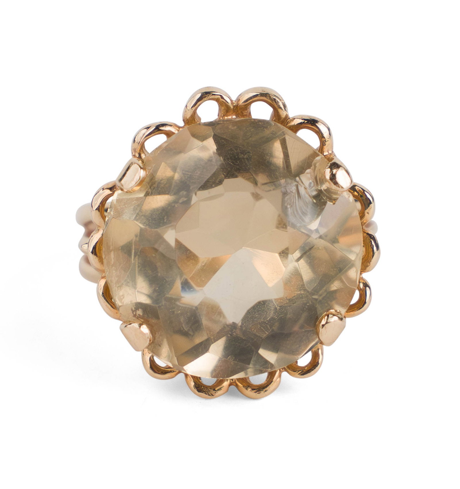 Gold and Large Citrine 1960s Cocktail Ring: Gold and Large Citrine 1960s Cocktail Ring Probably 14K gold, mark worn away, tests 14K. Ring size 7 Total weight approx. 6.81 dwt 1 1/8 x 3/4 x 3/4 in. (2.9 x 1.9 x 1.9 cm.)