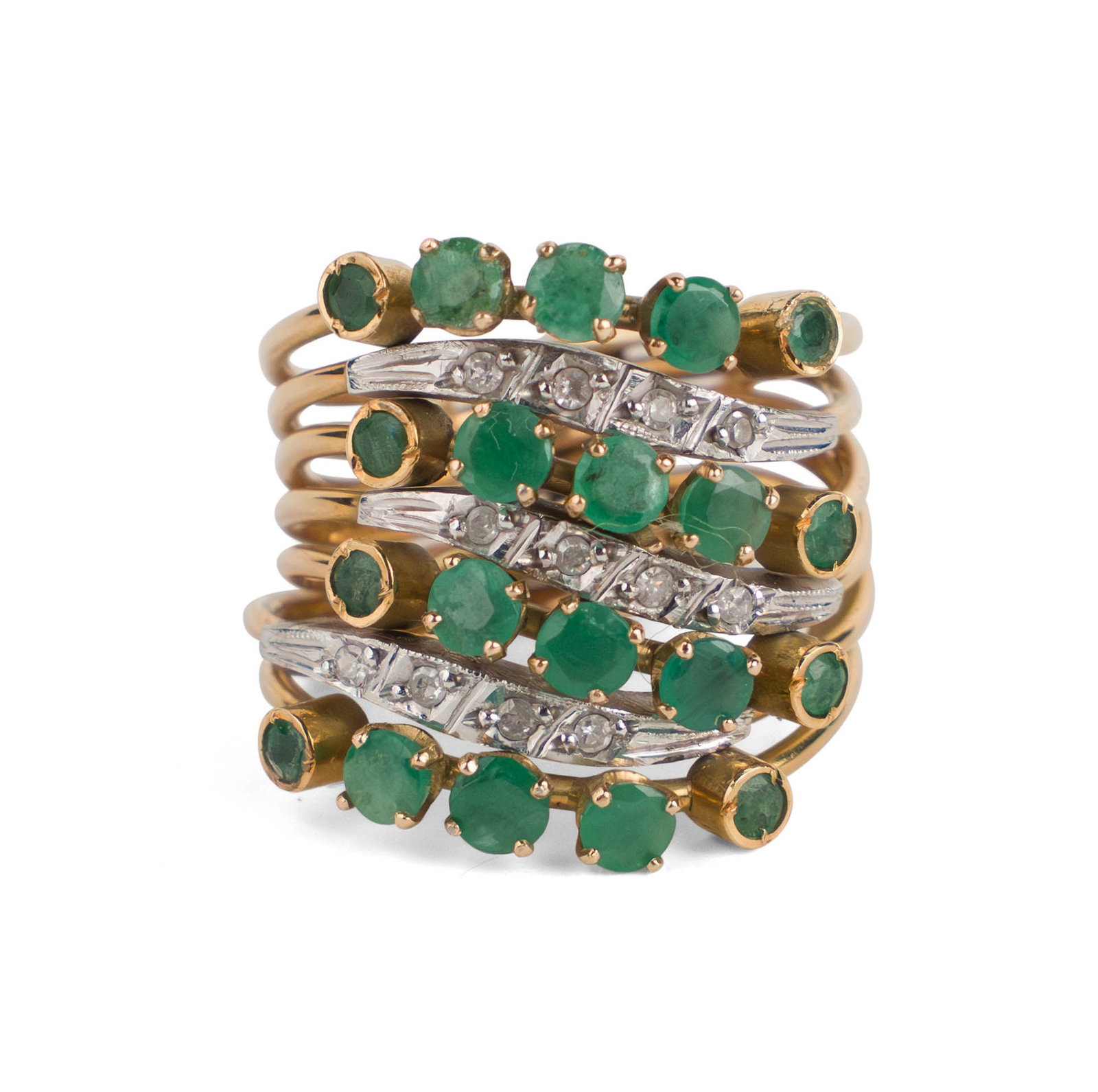 18K Gold Joined Hoop Ring: 18K Gold Joined Hoop Ring With seven gold hoops, each topped with either 5 emeralds or 4 small diamonds. 32 small stones. Ring size 6 Total weight approx. 11g or 7 dwt 3/4 x 3/4 in. (1.9 x 1.9 cm.)