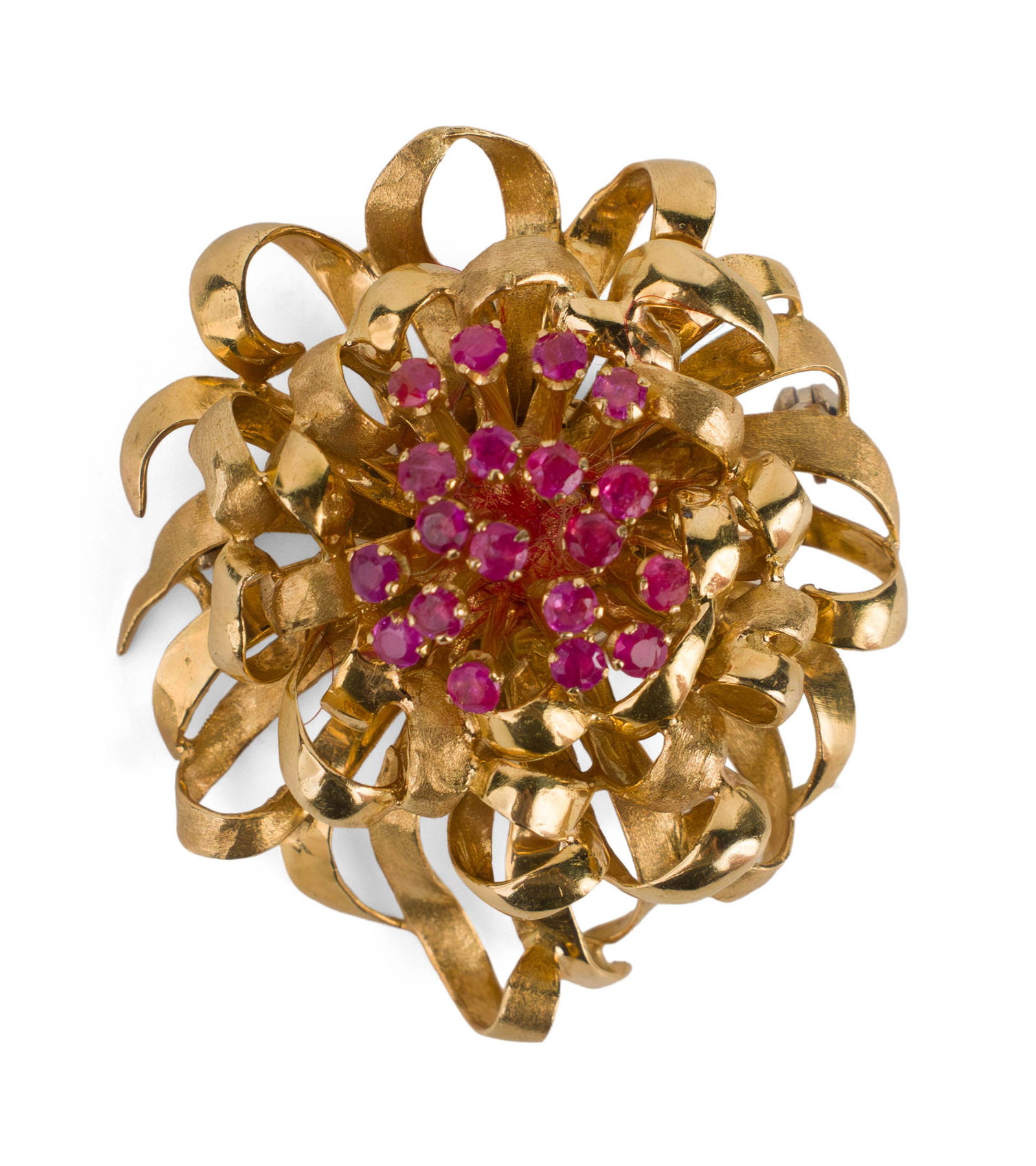 18K Gold 1940s Floral Brooch: 18K Gold 1940s Floral Brooch Stamped 750, with 19 small rubies. Total weight approx. 16.6 dwt 1 3/4 x 1 1/2 x 3/4 in. (4.4 x 3.8 x 1.9 cm.)