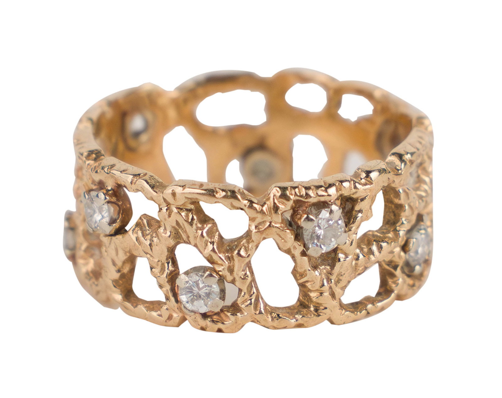 14K Gold Modernist Open Weave Ring: 14K Gold Modernist Open Weave Ring Bond inset with 8 small diamonds. Ring size 8 Total weight approx. 5g or 3.21 dwt 3/8 x 3/4 in. (1 x 1.9 cm.)