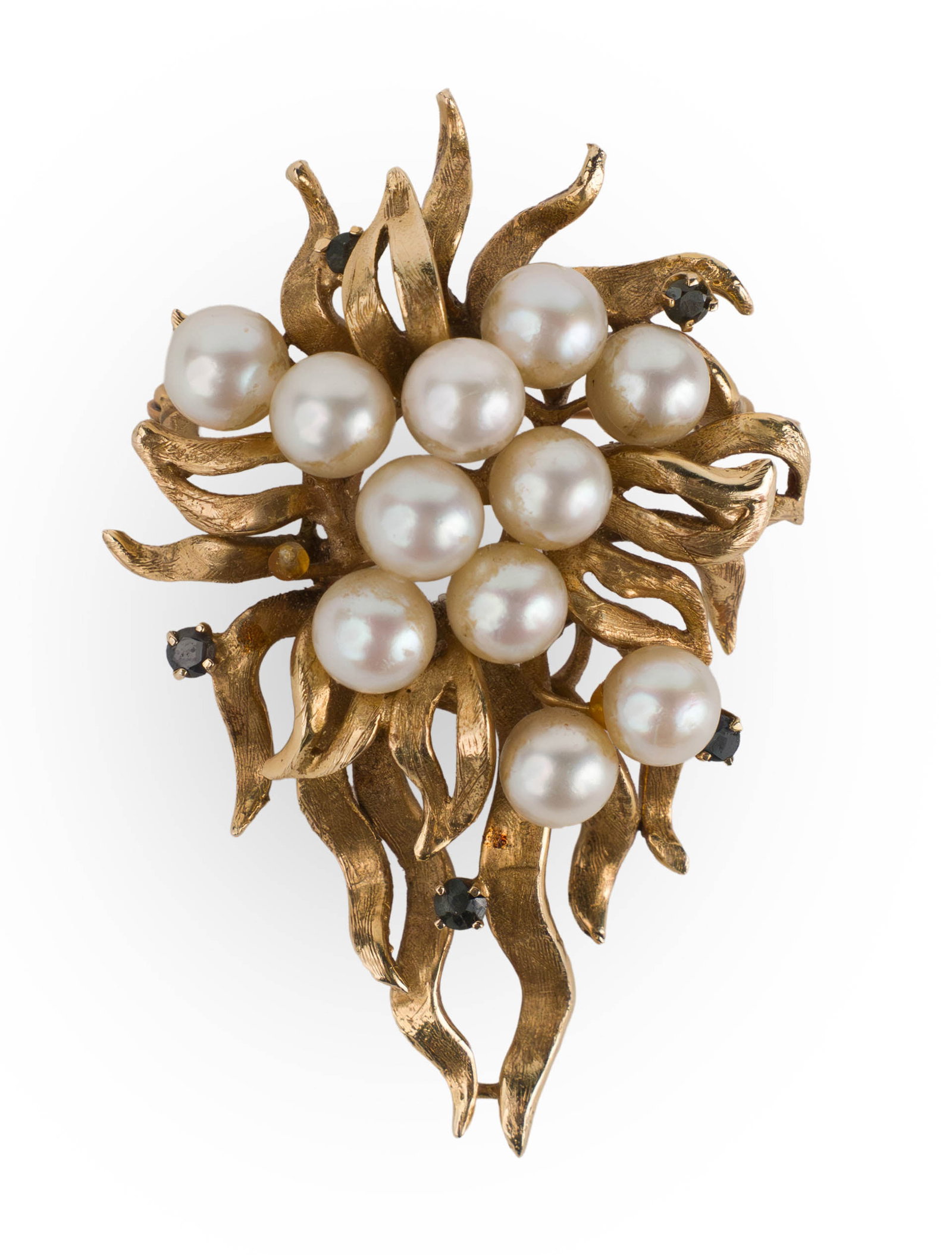 14K Gold and Pearl 1940s Brooch: 14K Gold and Pearl 1940s Brooch With 5 rubies, and 11 pearls (one missing). Total weight approx. 15 dwt 2 1/4 x 1 1/2 x 3/4 in. (5.7 x 3.8 x 1.9 cm.)