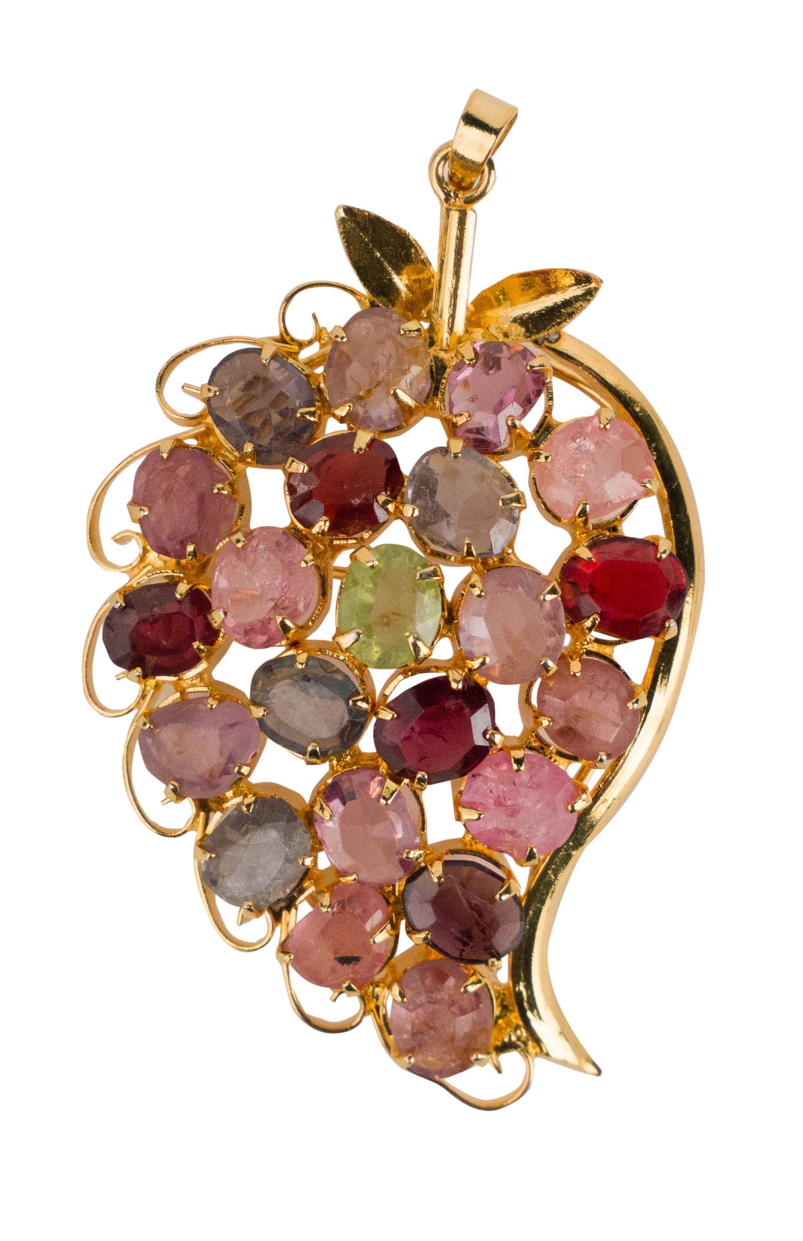 Hardstone Brooch with Gold Plated Mounts: Hardstone Brooch with Gold Plated Mounts 22 stones Pin broken 2 x 1 1/4 in. (5.1 x 3.2 cm.)