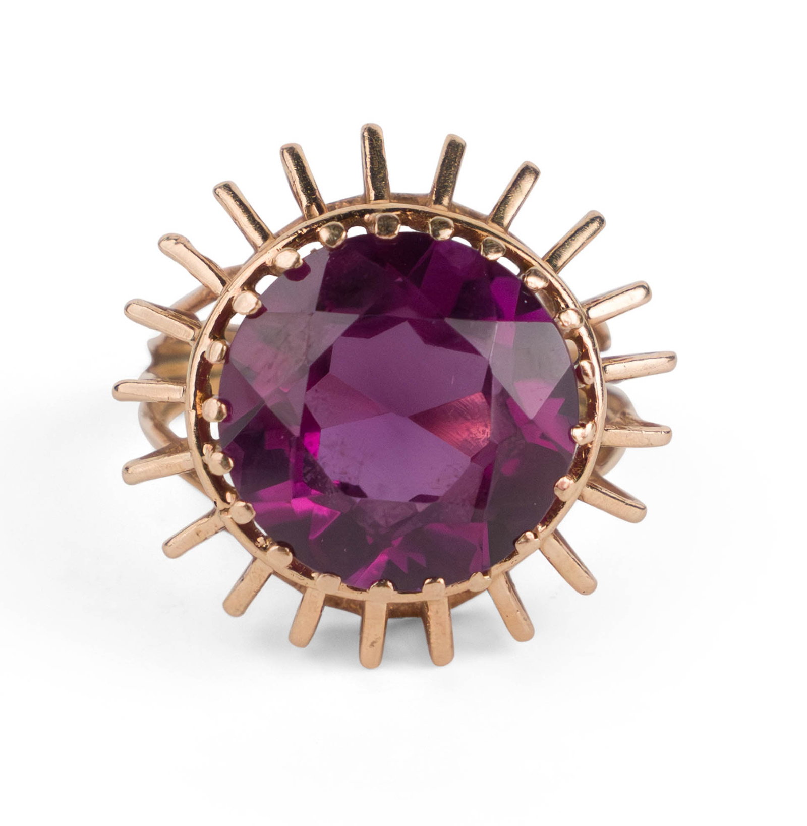 Synthetic Sapphire and Gold Cocktail Ring: Synthetic Sapphire and Gold Cocktail Ring 1950s/60s, tests 14K. Ring size 7 Total weight approx. 4.94 dwt 1 1/8 x 1 in. (2.9 x 2.5 cm.)