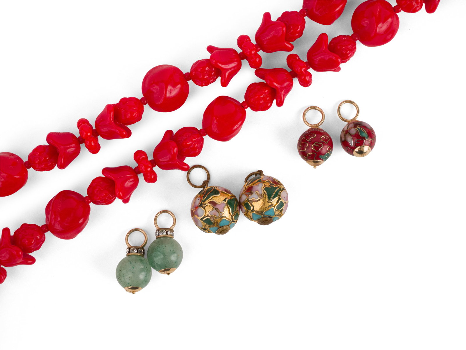 Four Chinese Cloisonne Hanging Beads: Four Chinese Cloisonne Hanging Beads With a pair of jade hanging beads, and a faux coral necklace. Necklace: 25 1/2 in. (64.8 cm.)