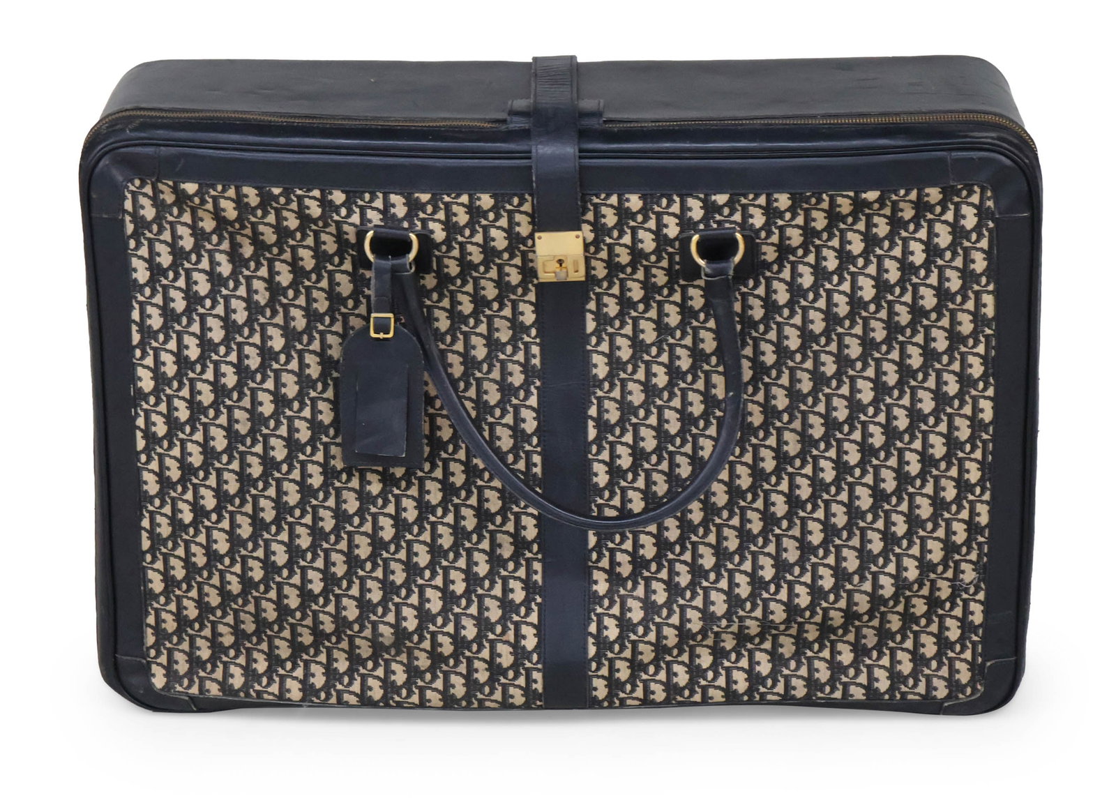 Christian Dior Black Leather Suitcase: Christian Dior Black Leather Suitcase Vintage large leather and canvas suitcase. Wear. 19 x 28 x 7 1/2 in. (48.3 x 71.1 x 19.1 cm.)